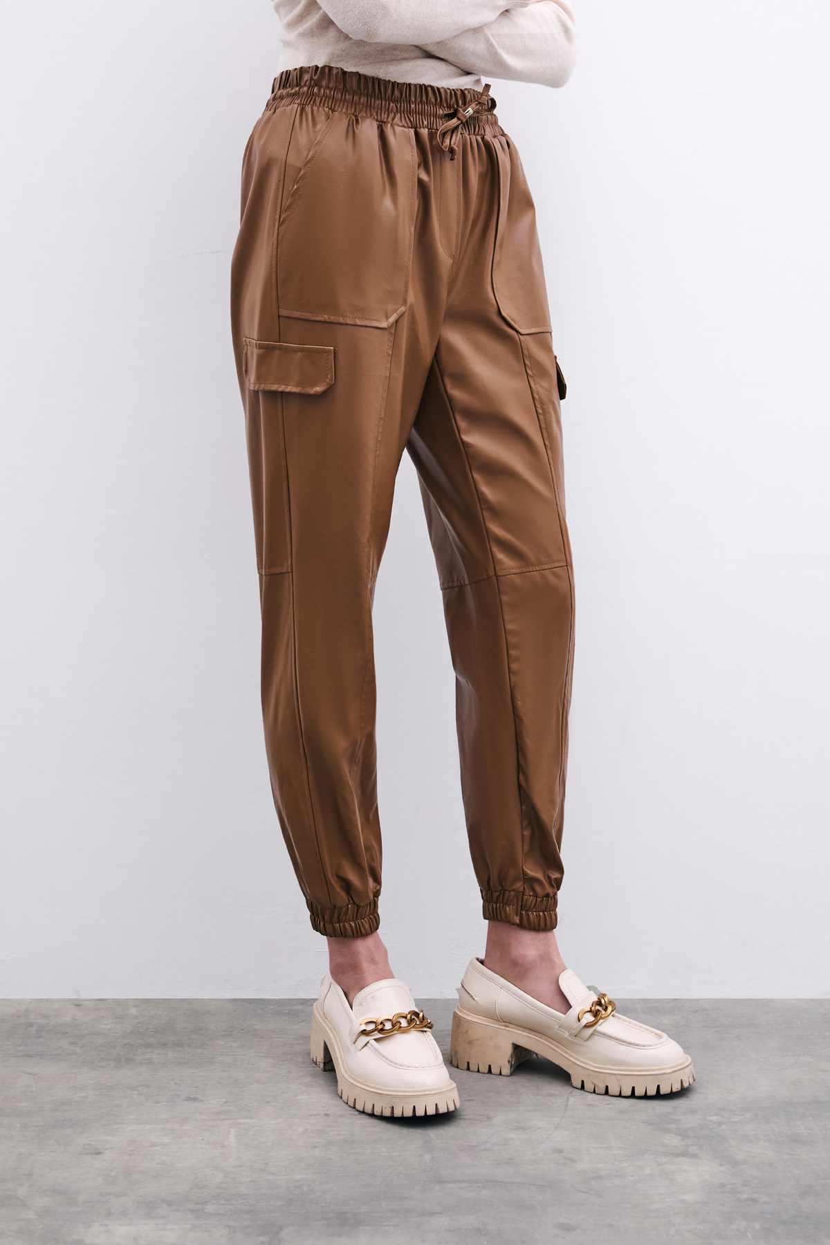 Deri Jogger Pantolon - Bej