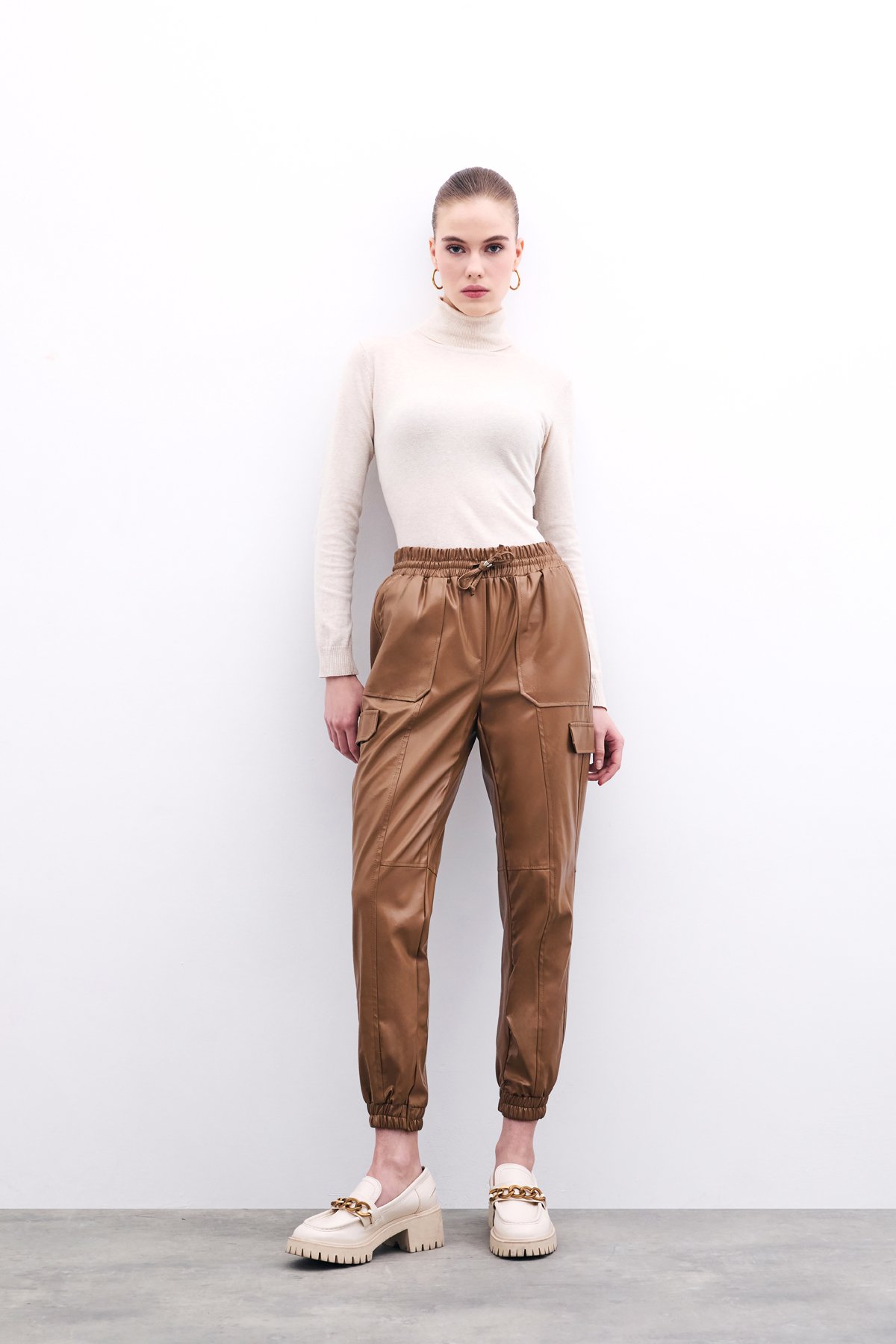 Deri Jogger Pantolon - Bej