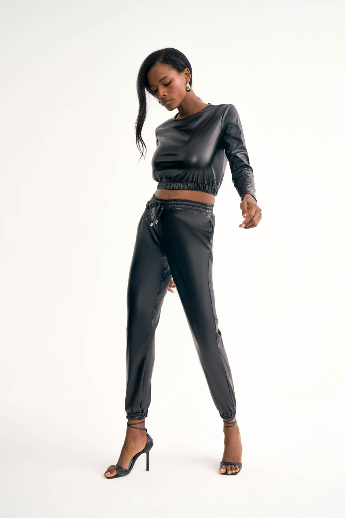 Deri jogger pantolon - SİYAH