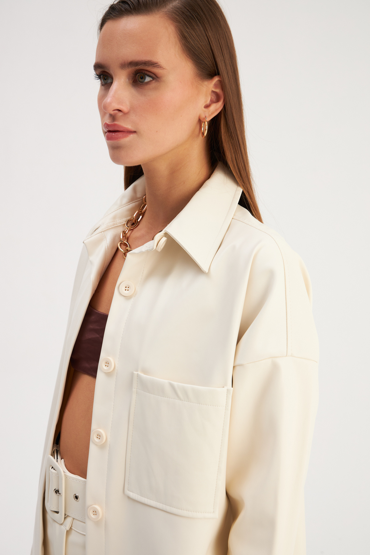 leather oversize shirt jacket - ECRU