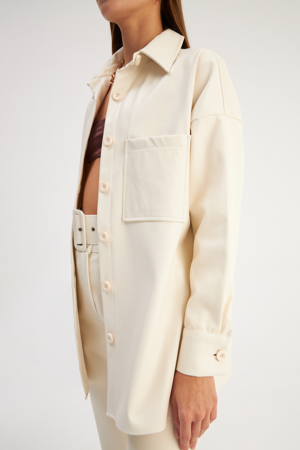 leather oversize shirt jacket - ECRU
