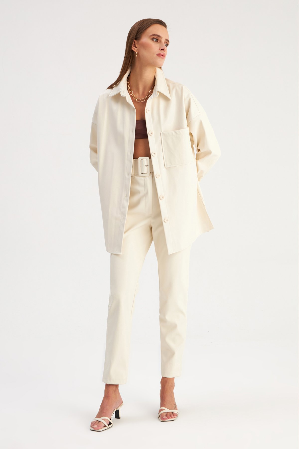 leather oversize shirt jacket - ECRU