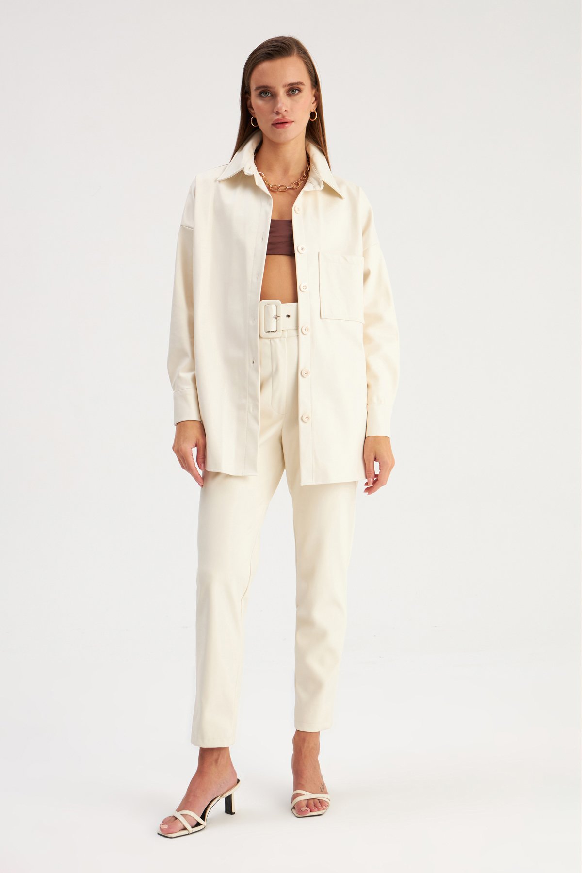 leather oversize shirt jacket - ECRU