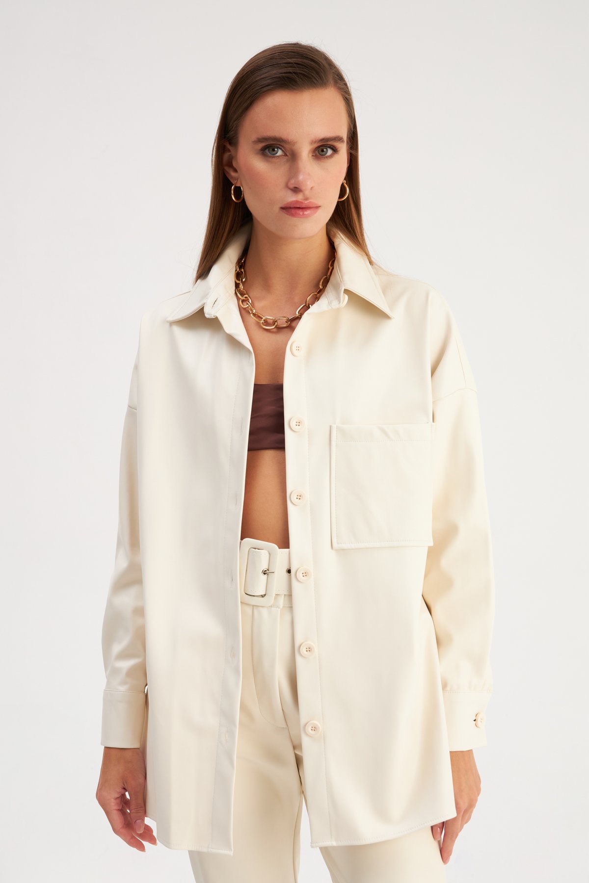 leather oversize shirt jacket - ECRU