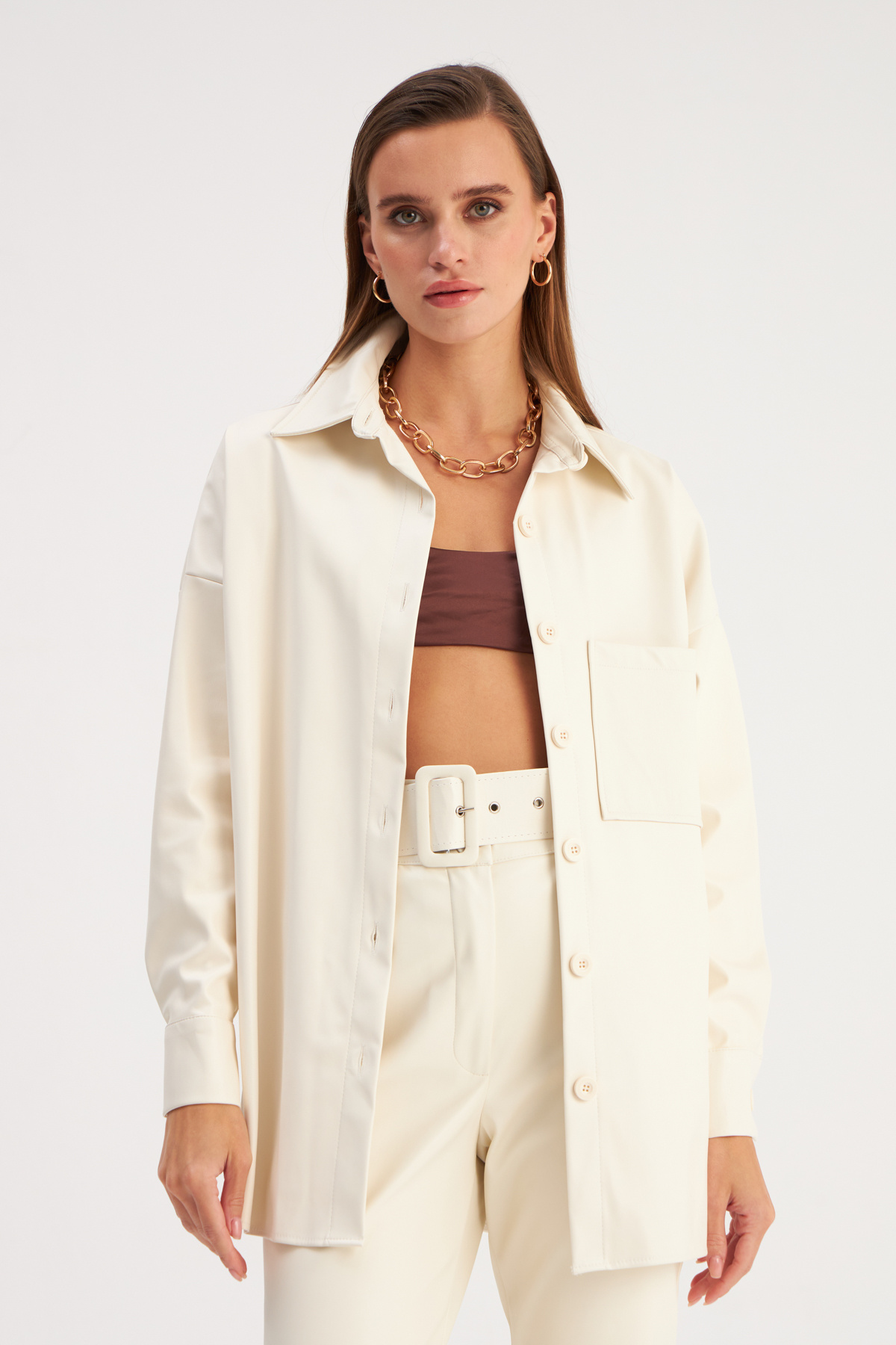 leather oversize shirt jacket - ECRU