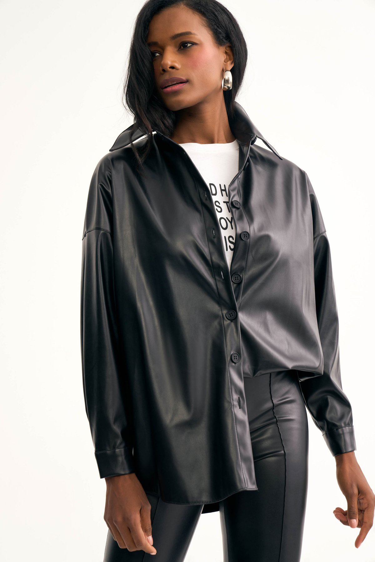 Deri salaş gömlek ceket - SİYAH