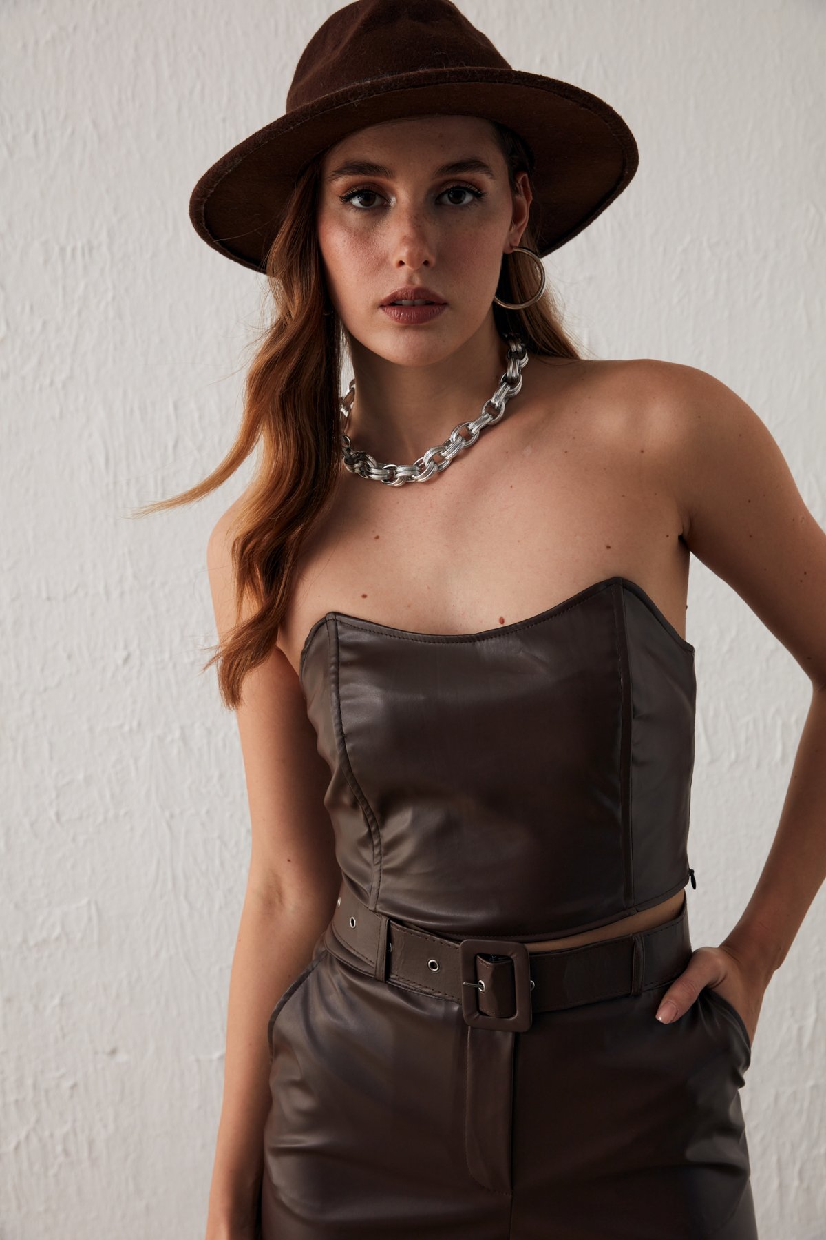 Deri Straplez Bluz - KOYU KAHVE