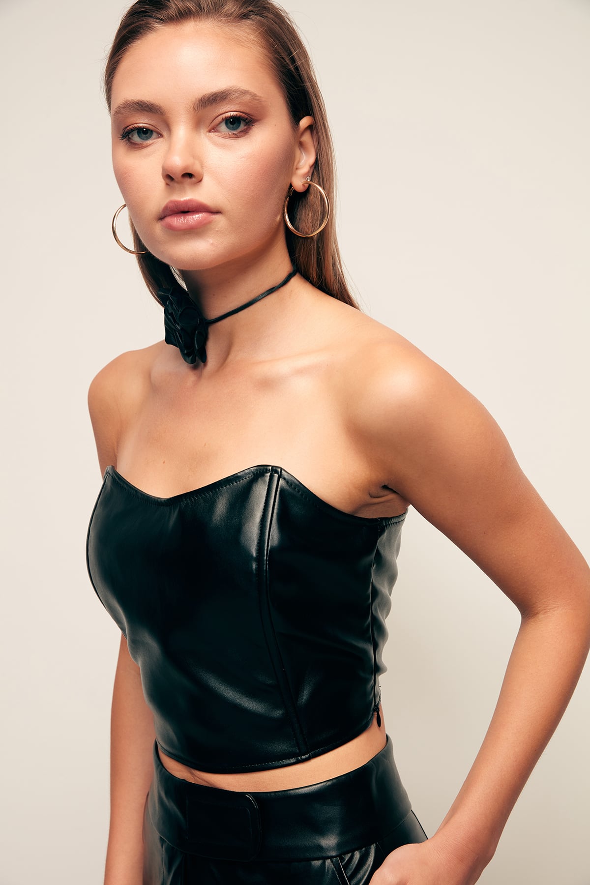 Leather Strapless Blouse - BLACK