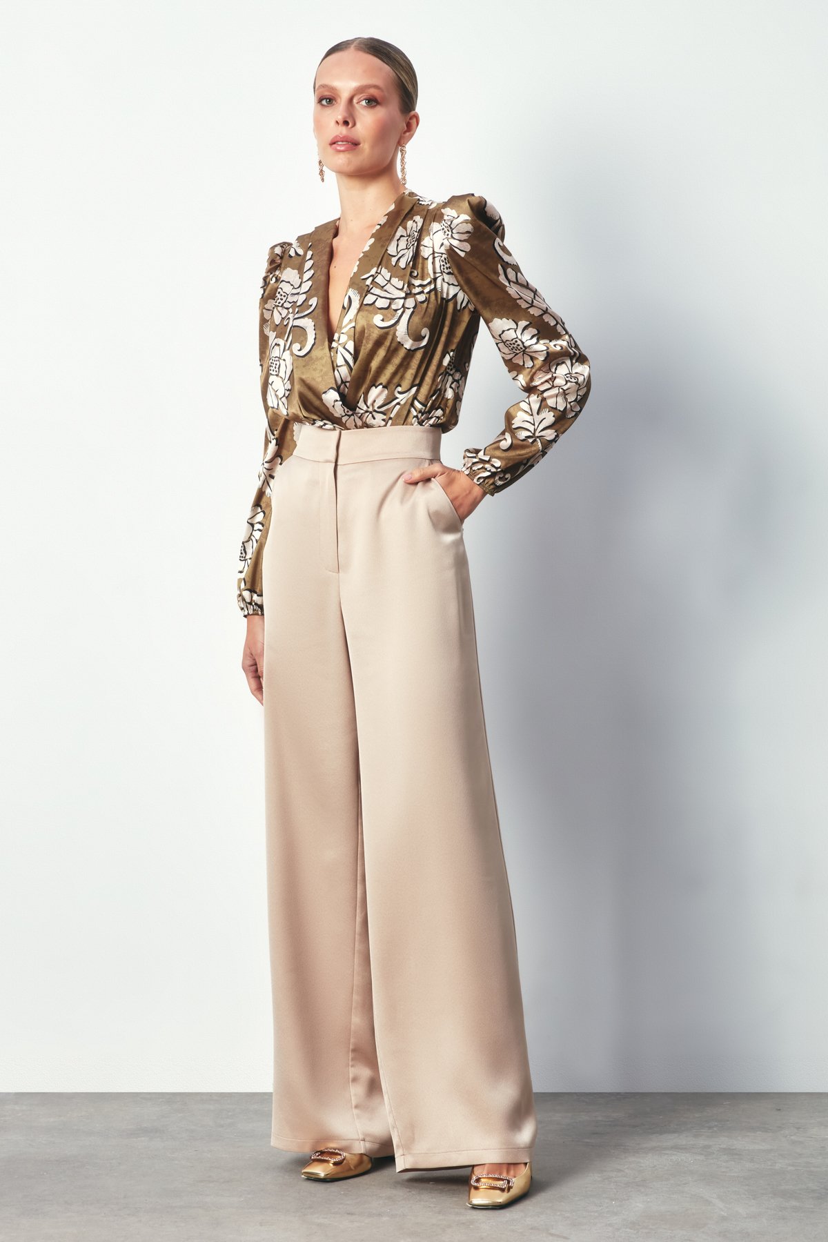 Desenli Bodysuit Bluz - HAKİ