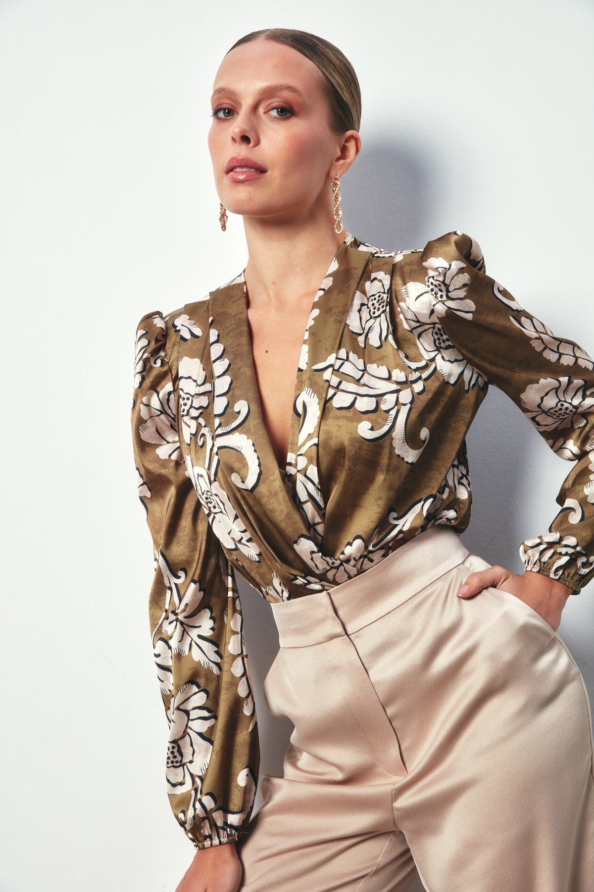 Desenli Bodysuit Bluz - HAKİ