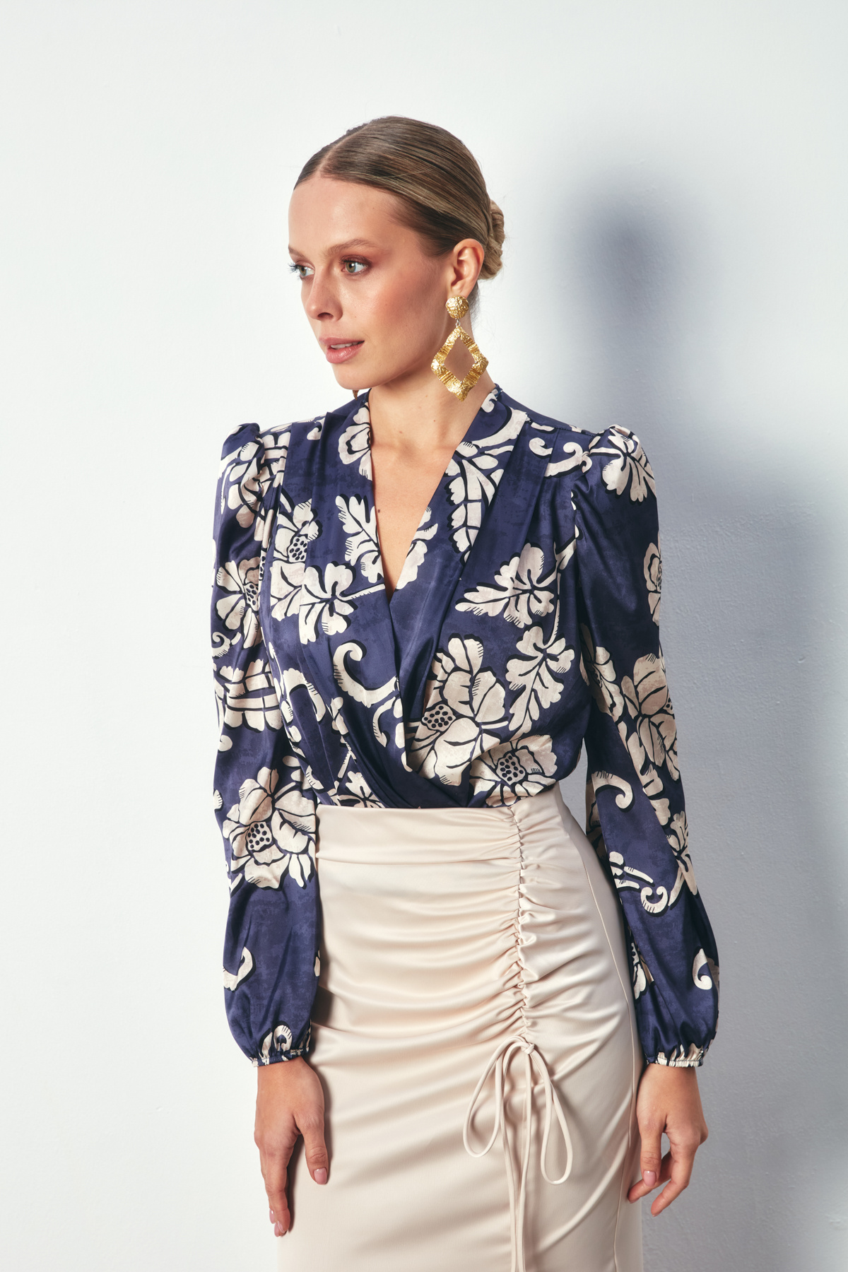 Desenli Bodysuit Bluz - LACİVERT