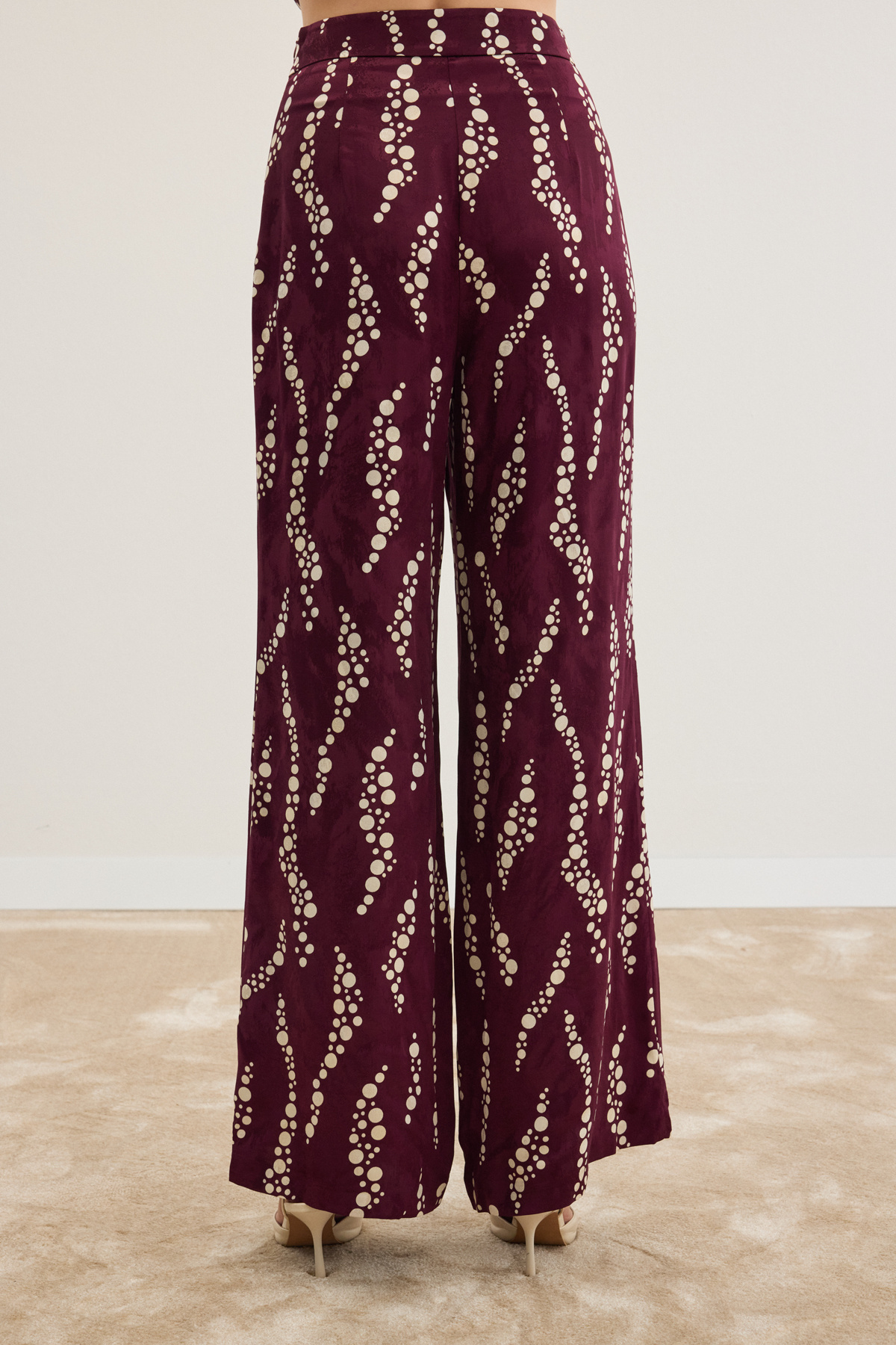 Desenli Bol Paça Pantolon - Bordo