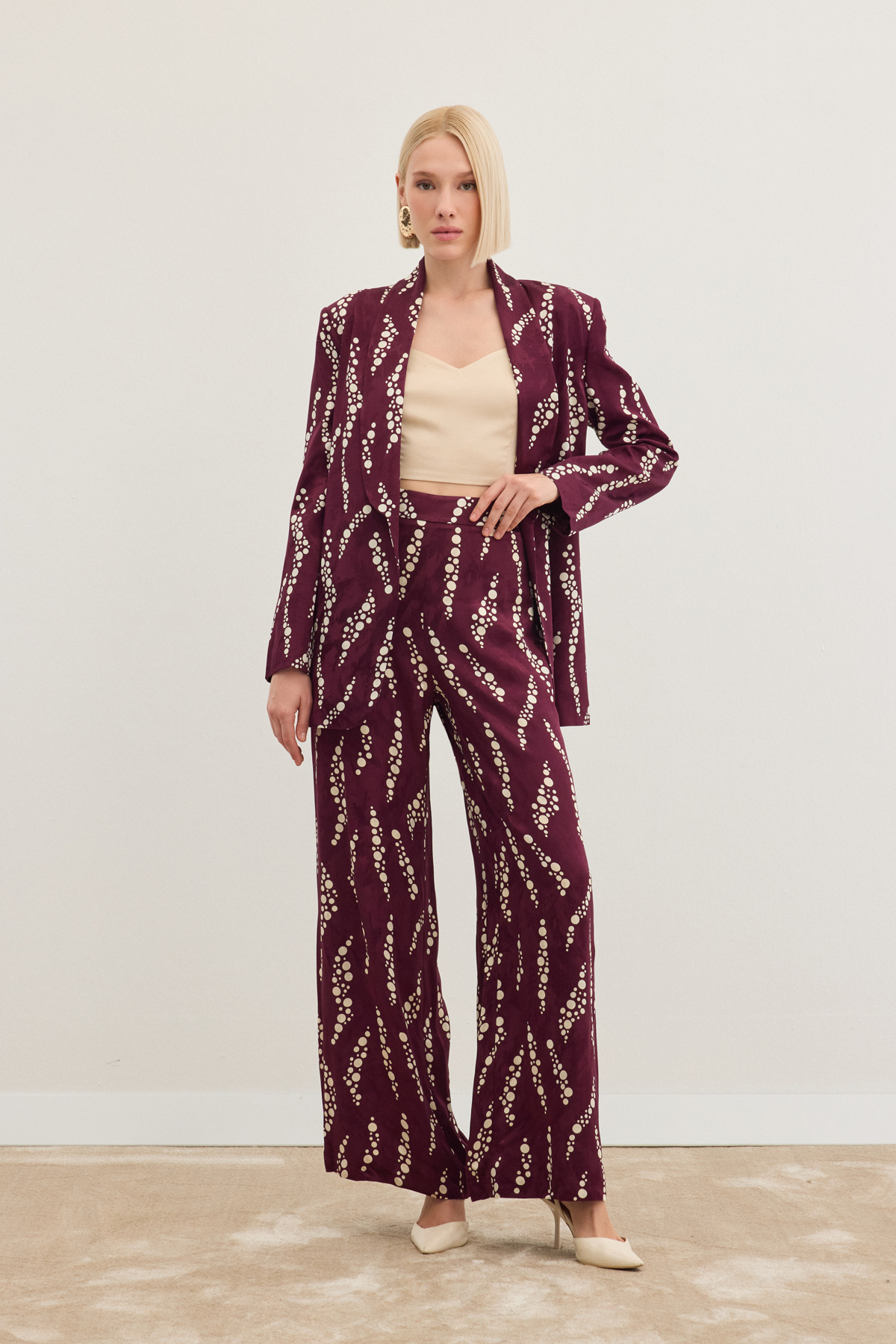 Desenli Bol Paça Pantolon - Bordo