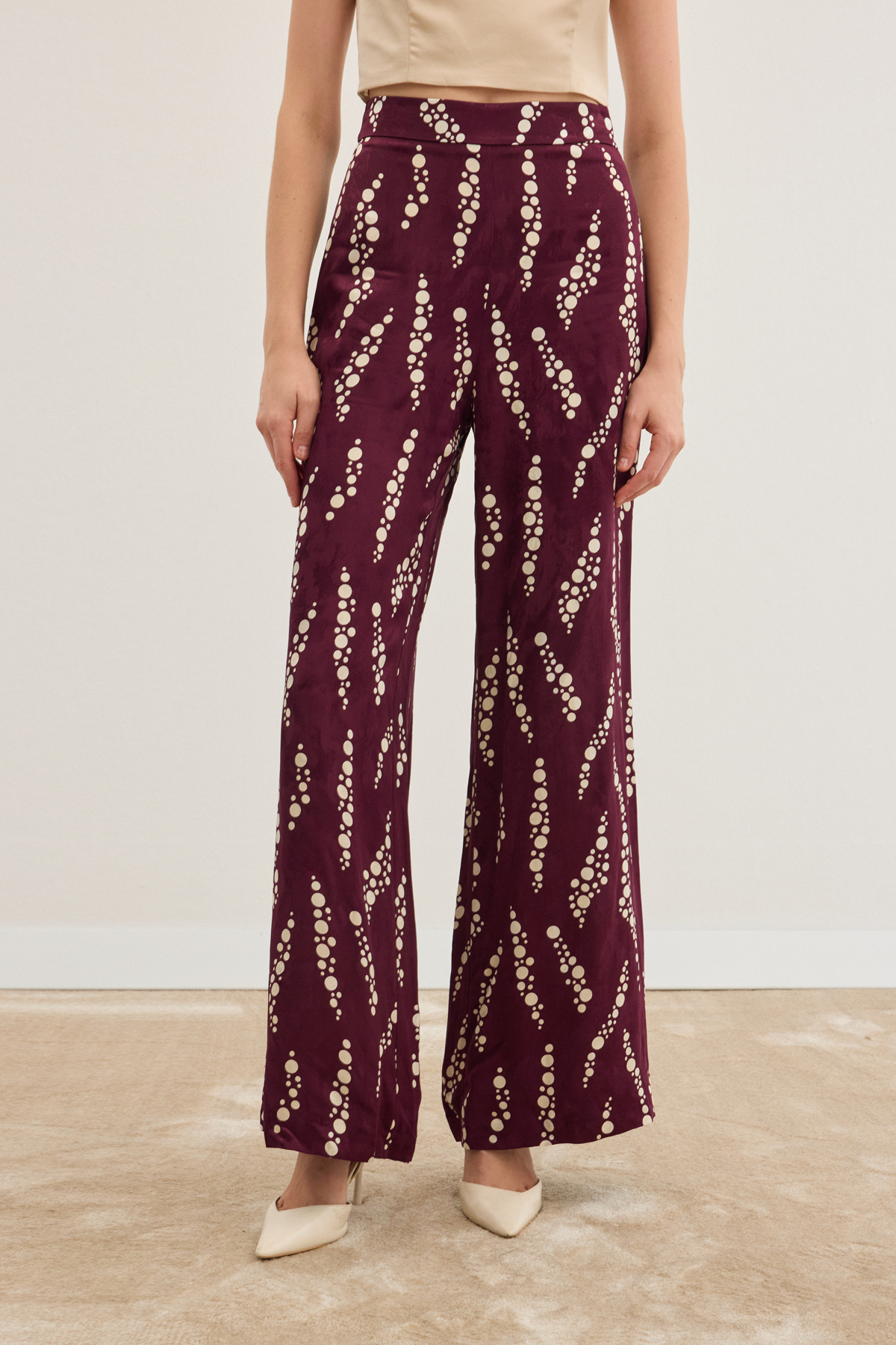 Desenli Bol Paça Pantolon - Bordo