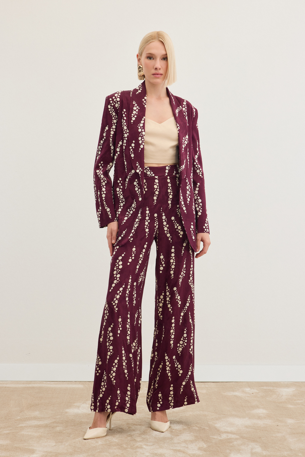 Desenli Bol Paça Pantolon - Bordo