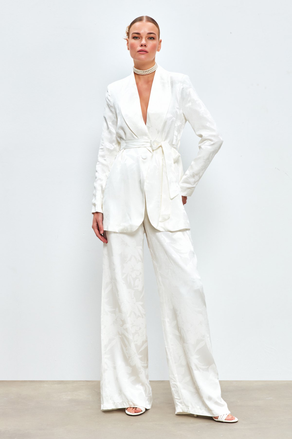 Desenli Bol Paça Pantolon - EKRU