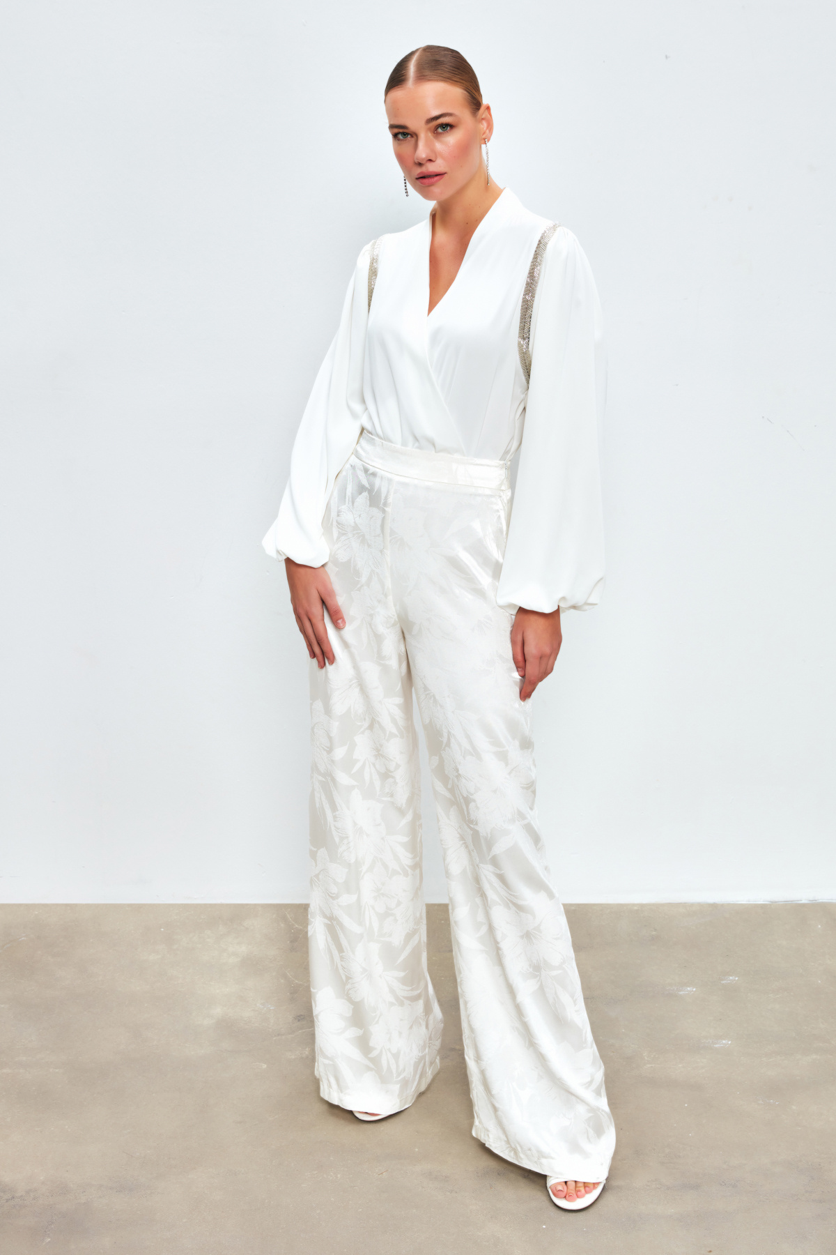 Desenli Bol Paça Pantolon - EKRU