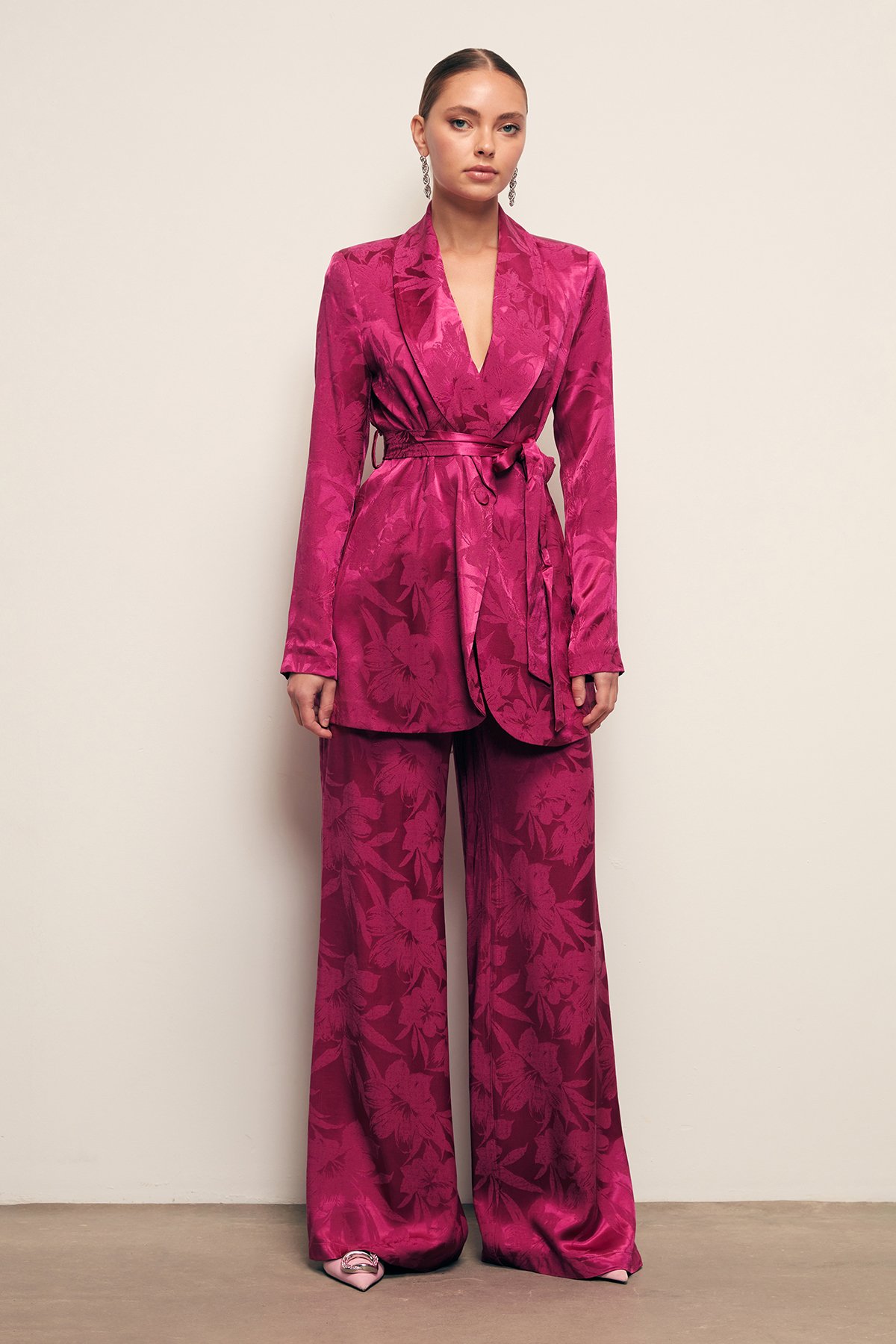 Desenli Bol Paça Pantolon - FUŞYA