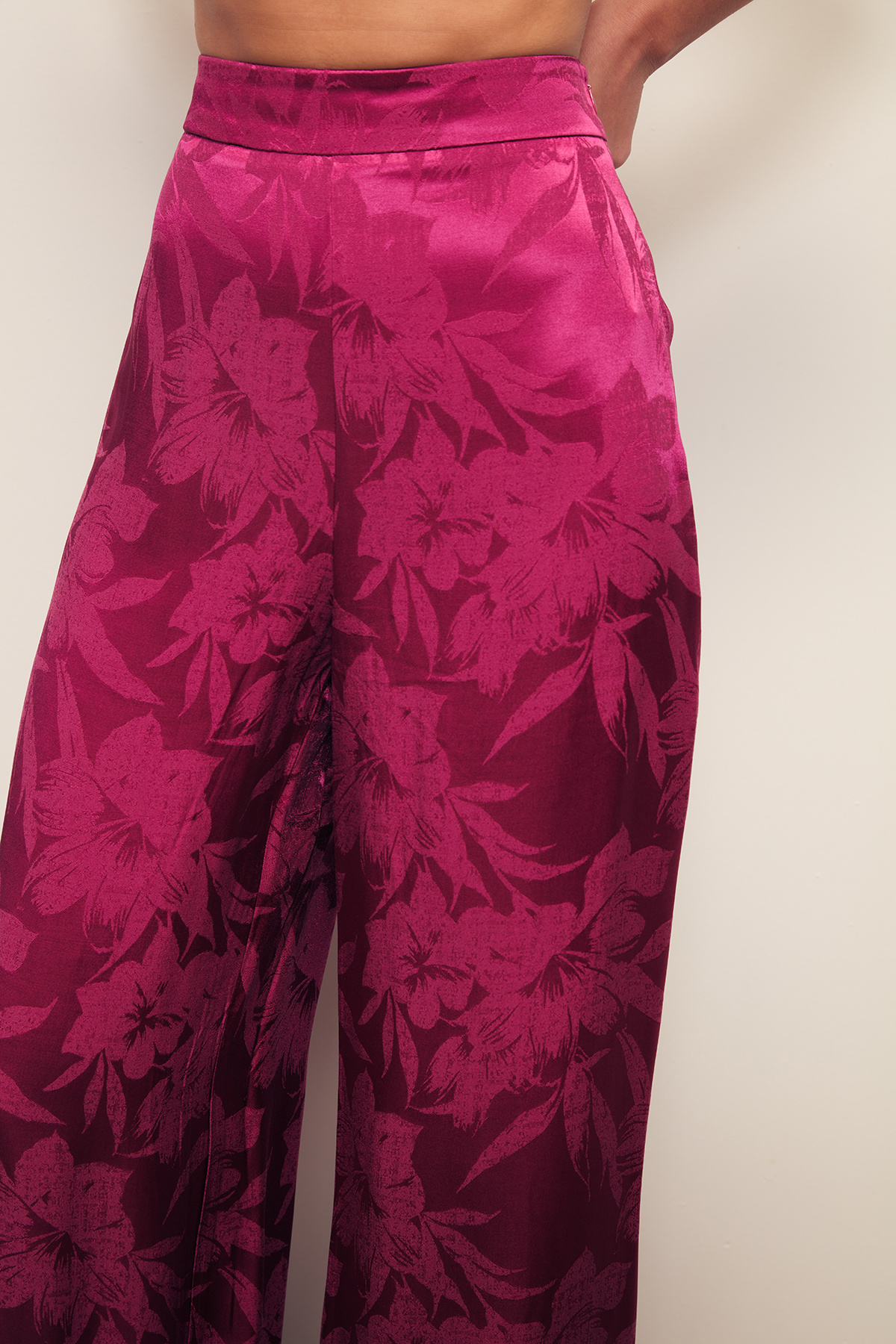 Desenli Bol Paça Pantolon - FUŞYA