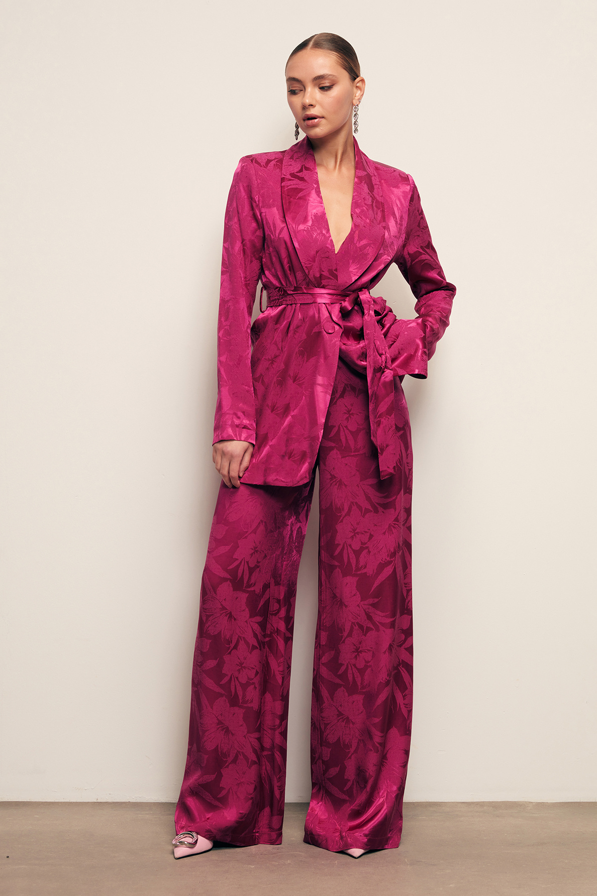 Desenli Bol Paça Pantolon - FUŞYA