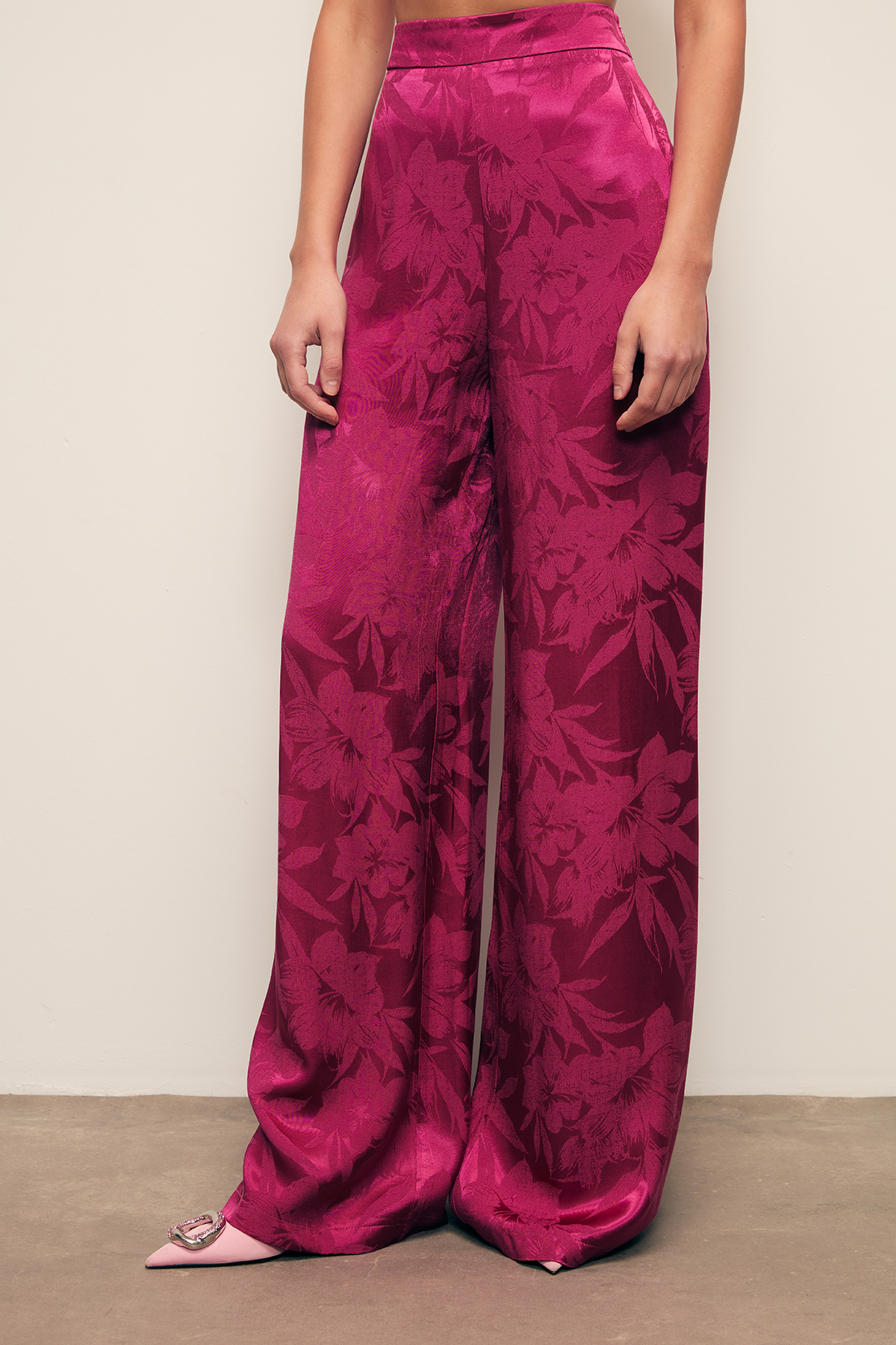 Desenli Bol Paça Pantolon - FUŞYA