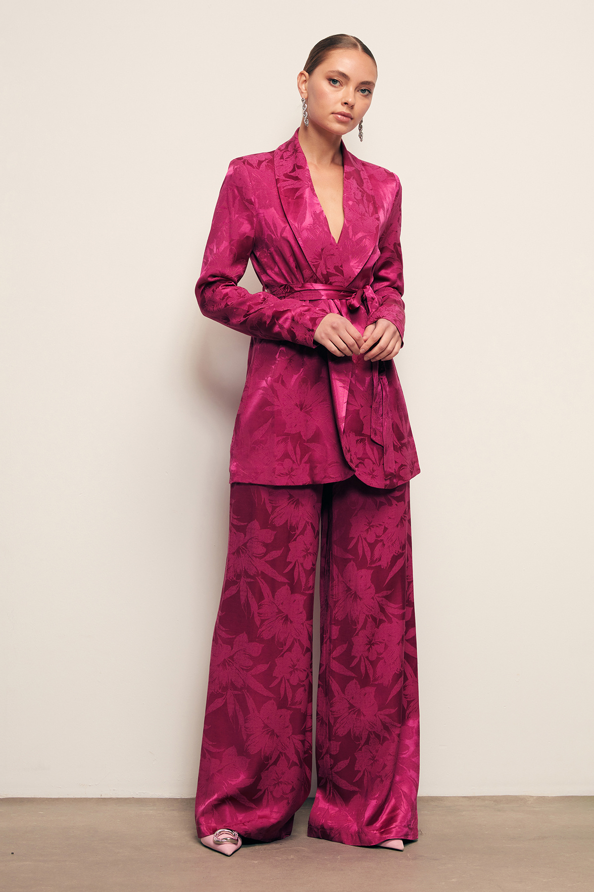 Desenli Bol Paça Pantolon - FUŞYA