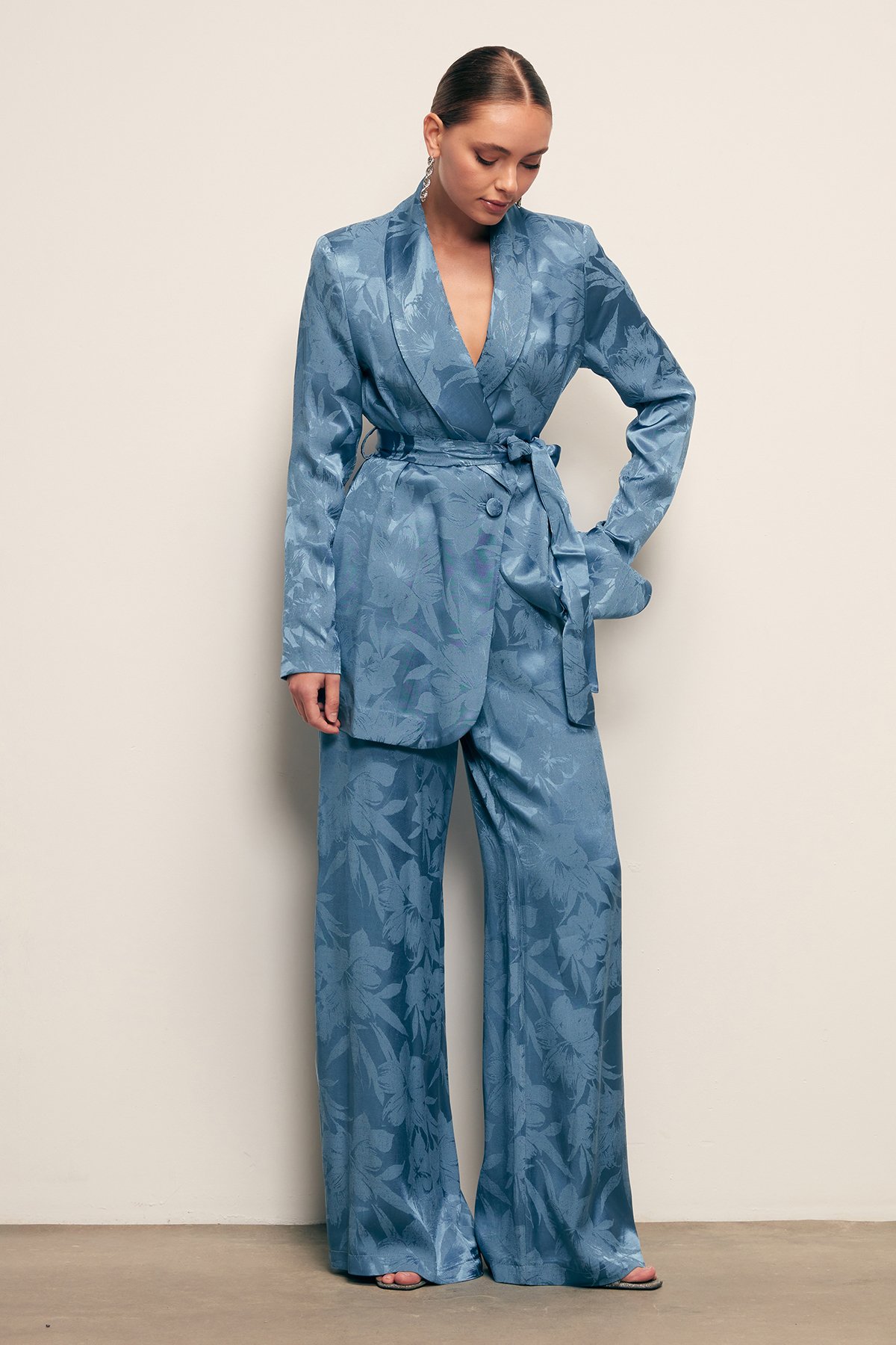 Desenli Bol Paça Pantolon - İNDİGO