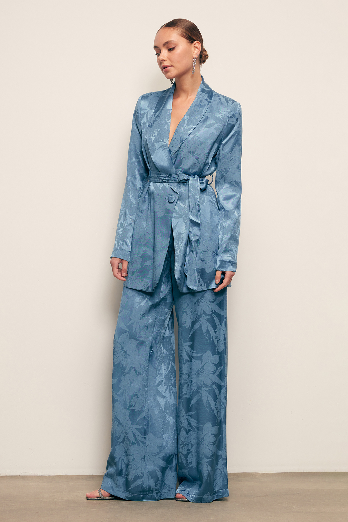 Desenli Bol Paça Pantolon - İNDİGO