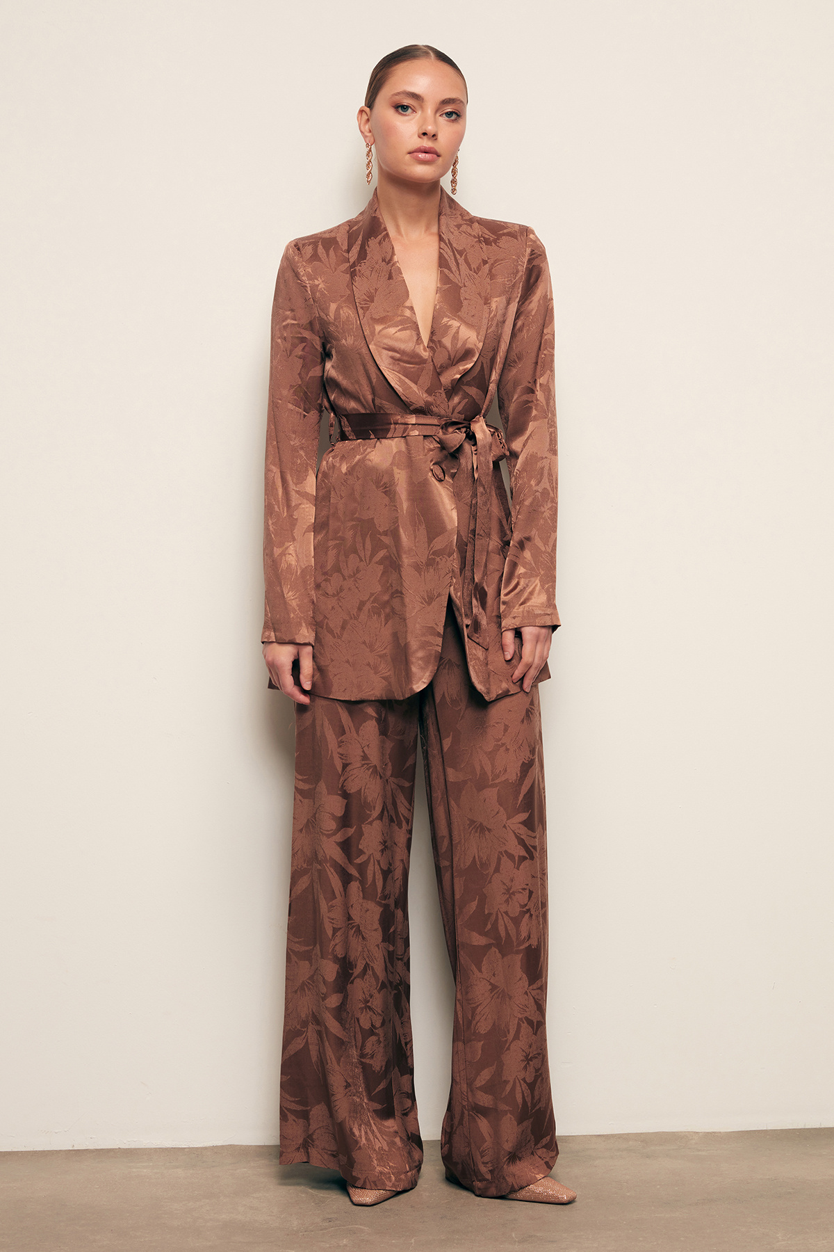 Desenli Bol Paça Pantolon - KAHVE