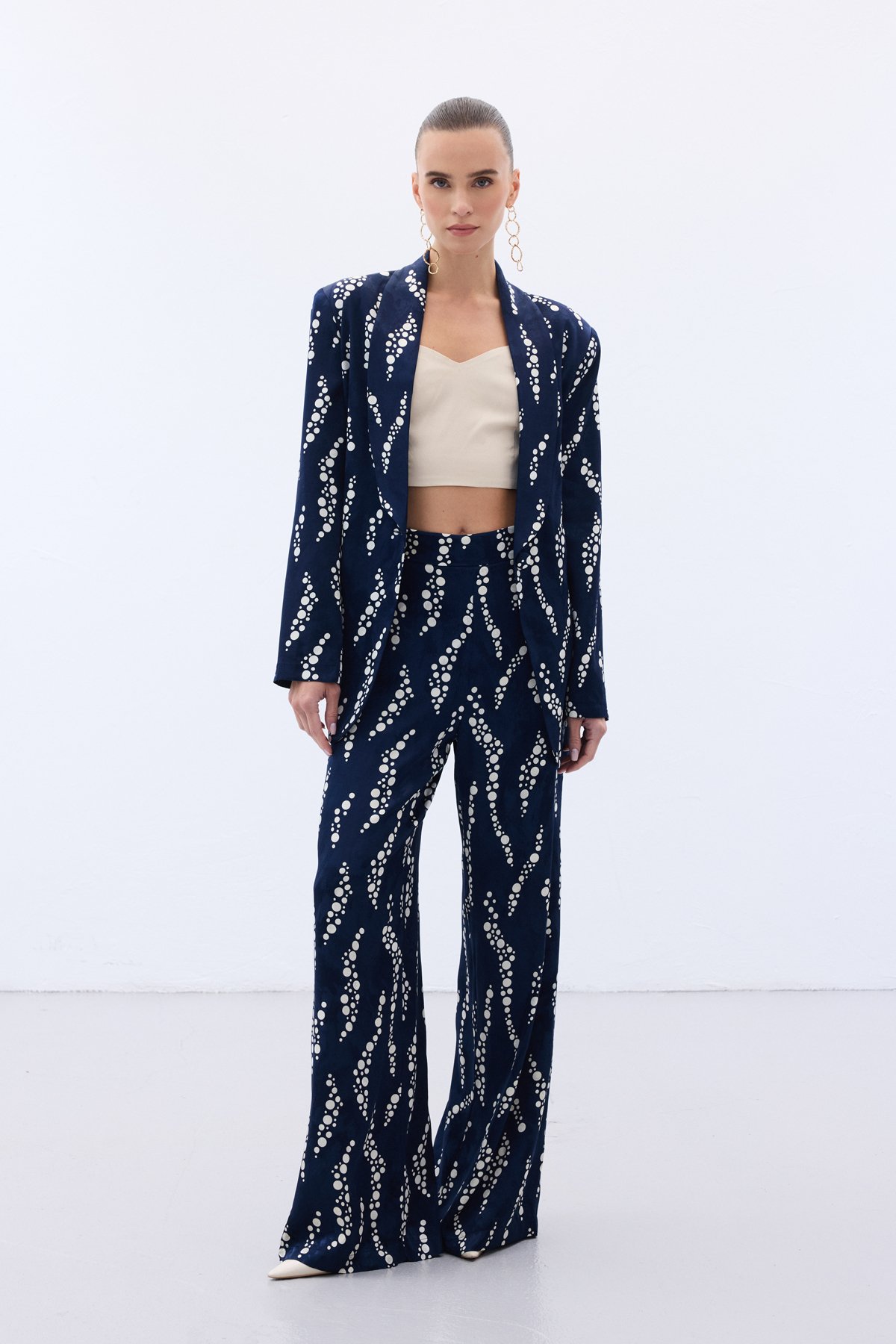 Desenli Bol Paça Pantolon - Lacivert