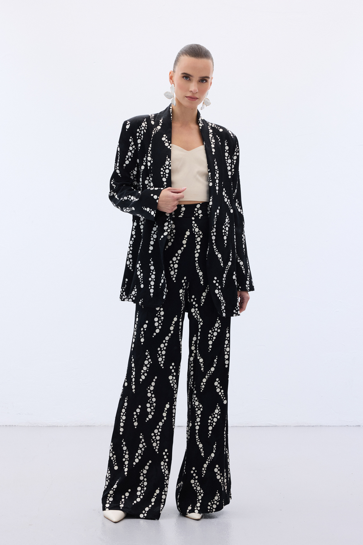 Desenli Bol Paça Pantolon - Siyah