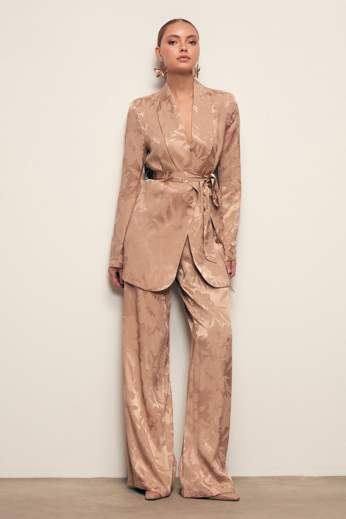 Desenli Bol Paça Pantolon - VİZON