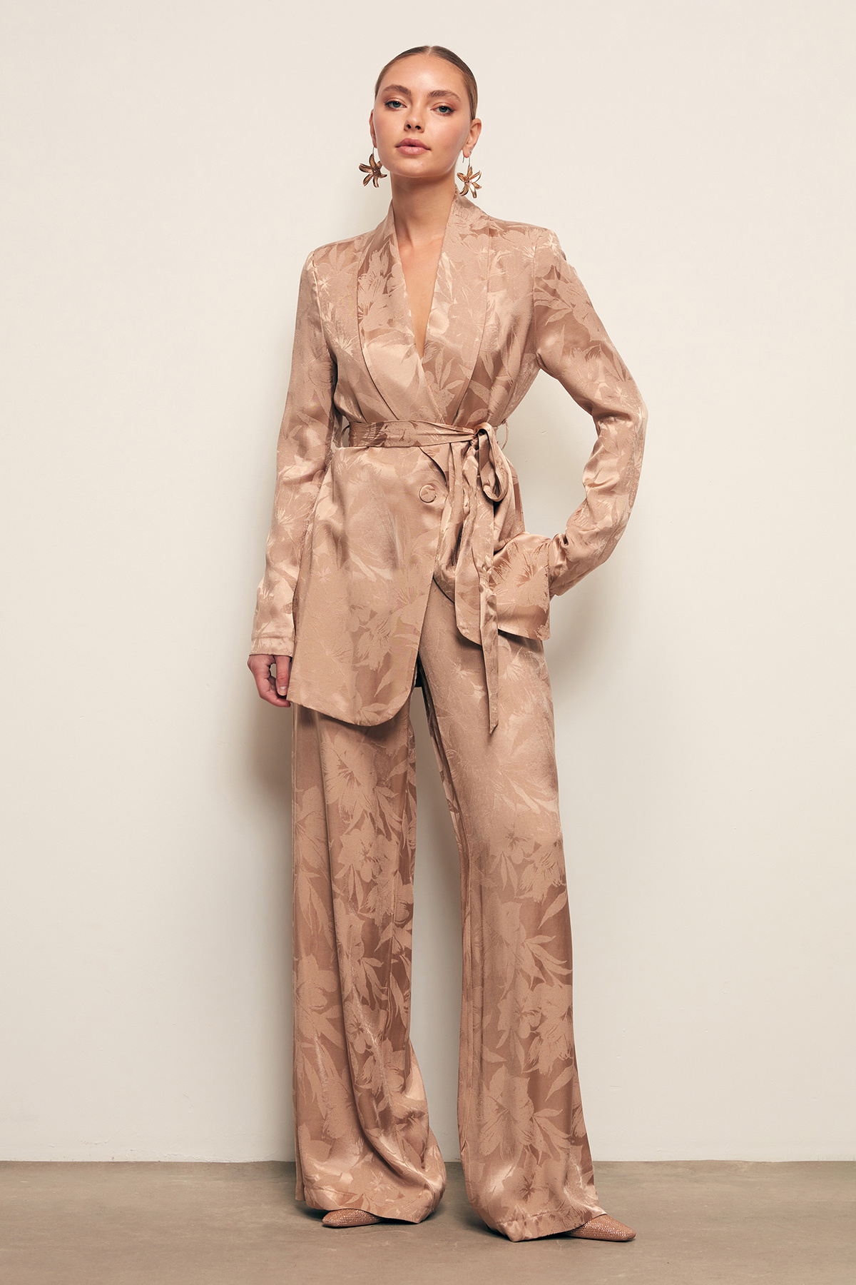 Desenli Bol Paça Pantolon - VİZON