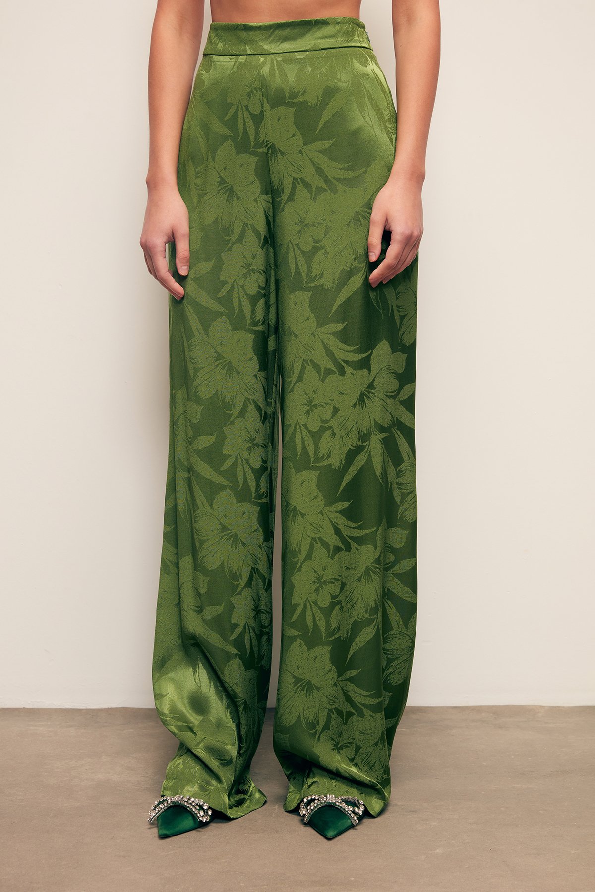 Desenli Bol Paça Pantolon - YEŞİL