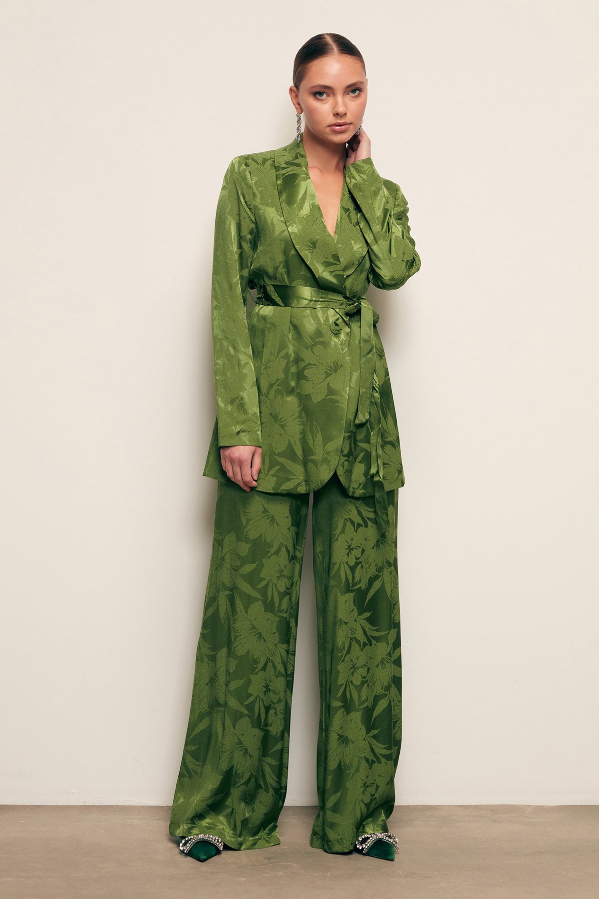 Desenli Bol Paça Pantolon - YEŞİL