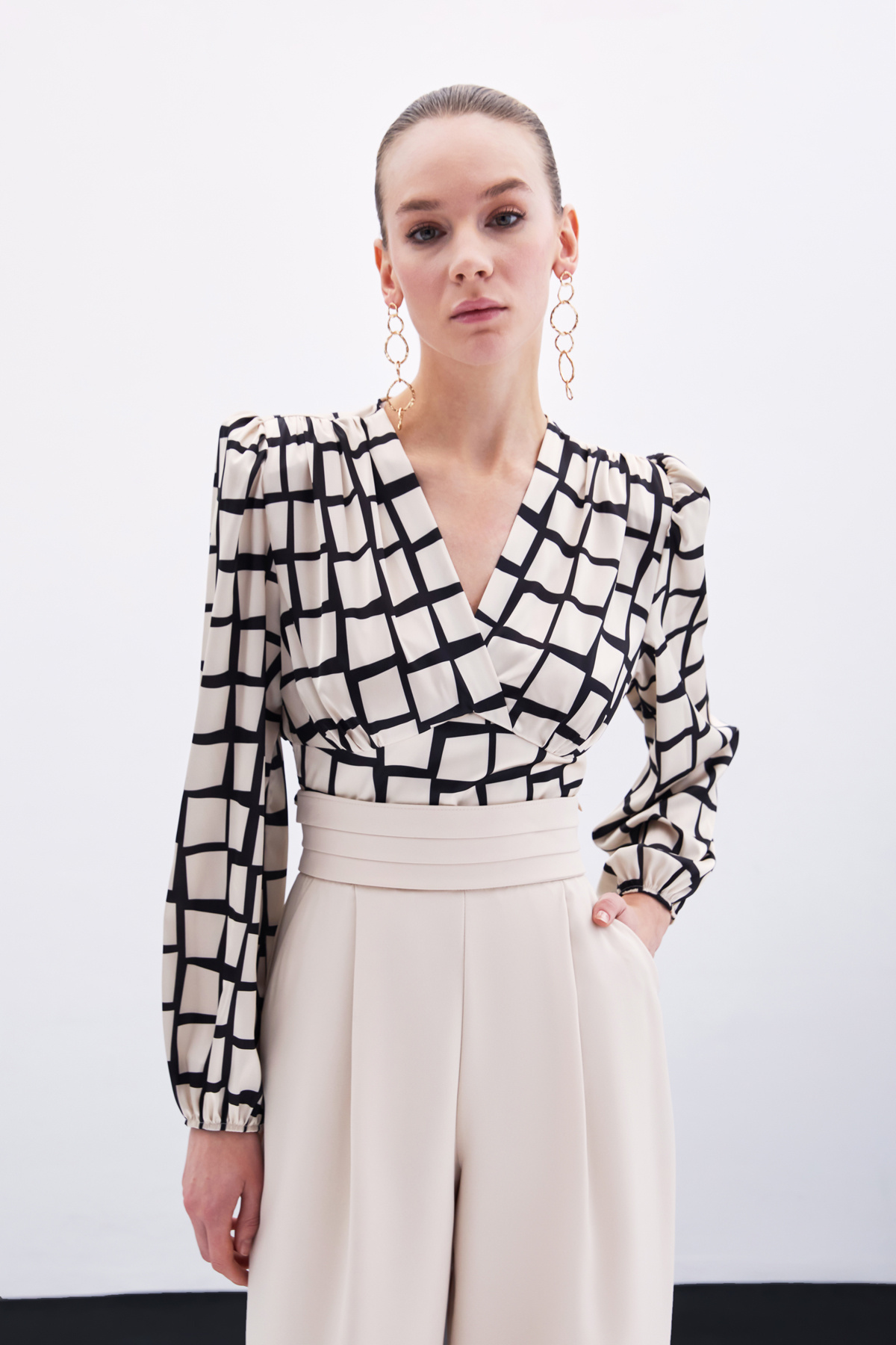 Desenli Crop Bluz - Bej