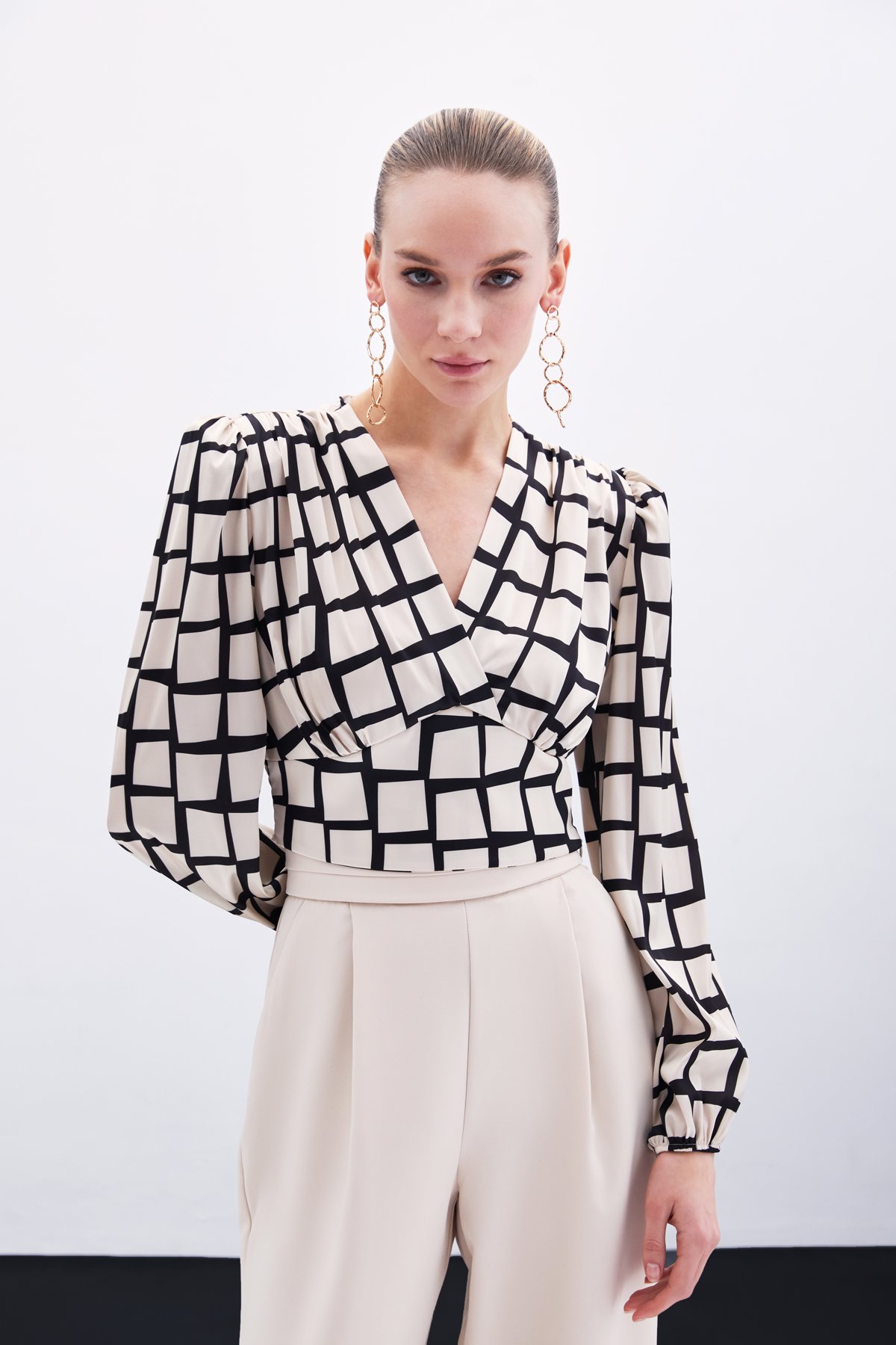 Desenli Crop Bluz - Bej