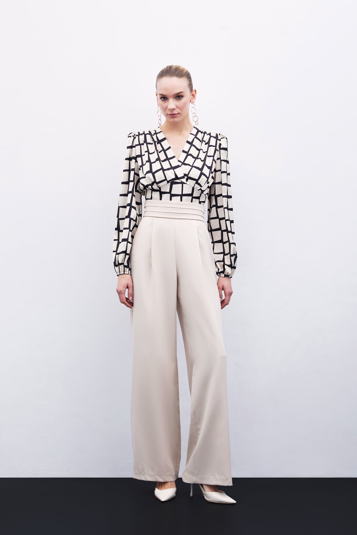 Desenli Crop Bluz - Bej