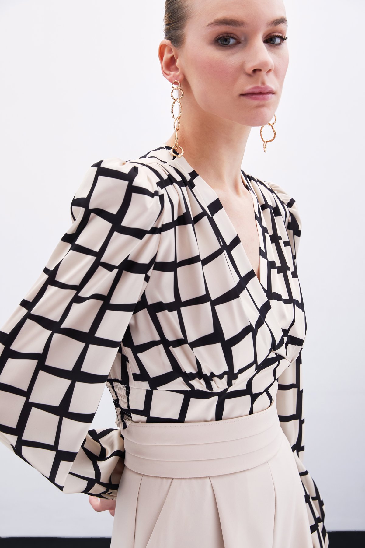 Desenli Crop Bluz - Bej