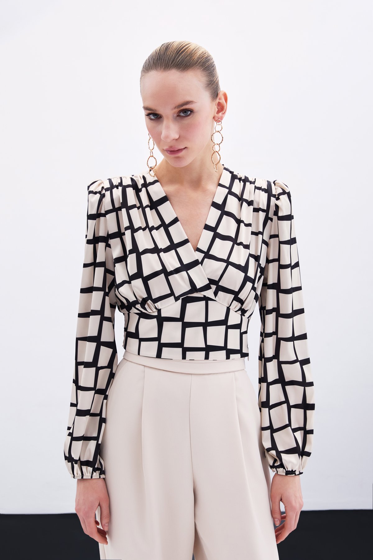 Desenli Crop Bluz - Bej