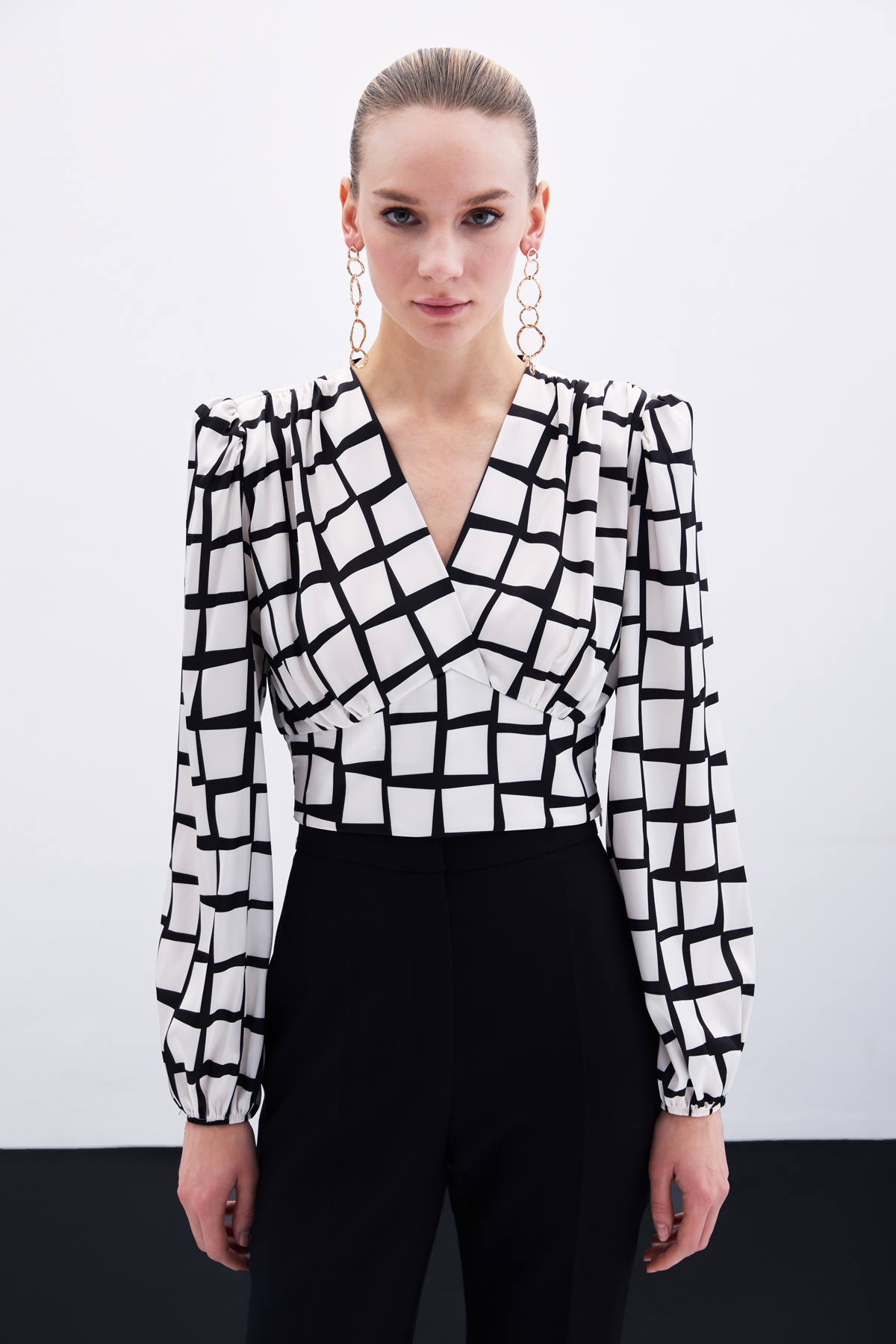 Desenli Crop Bluz - Ekru