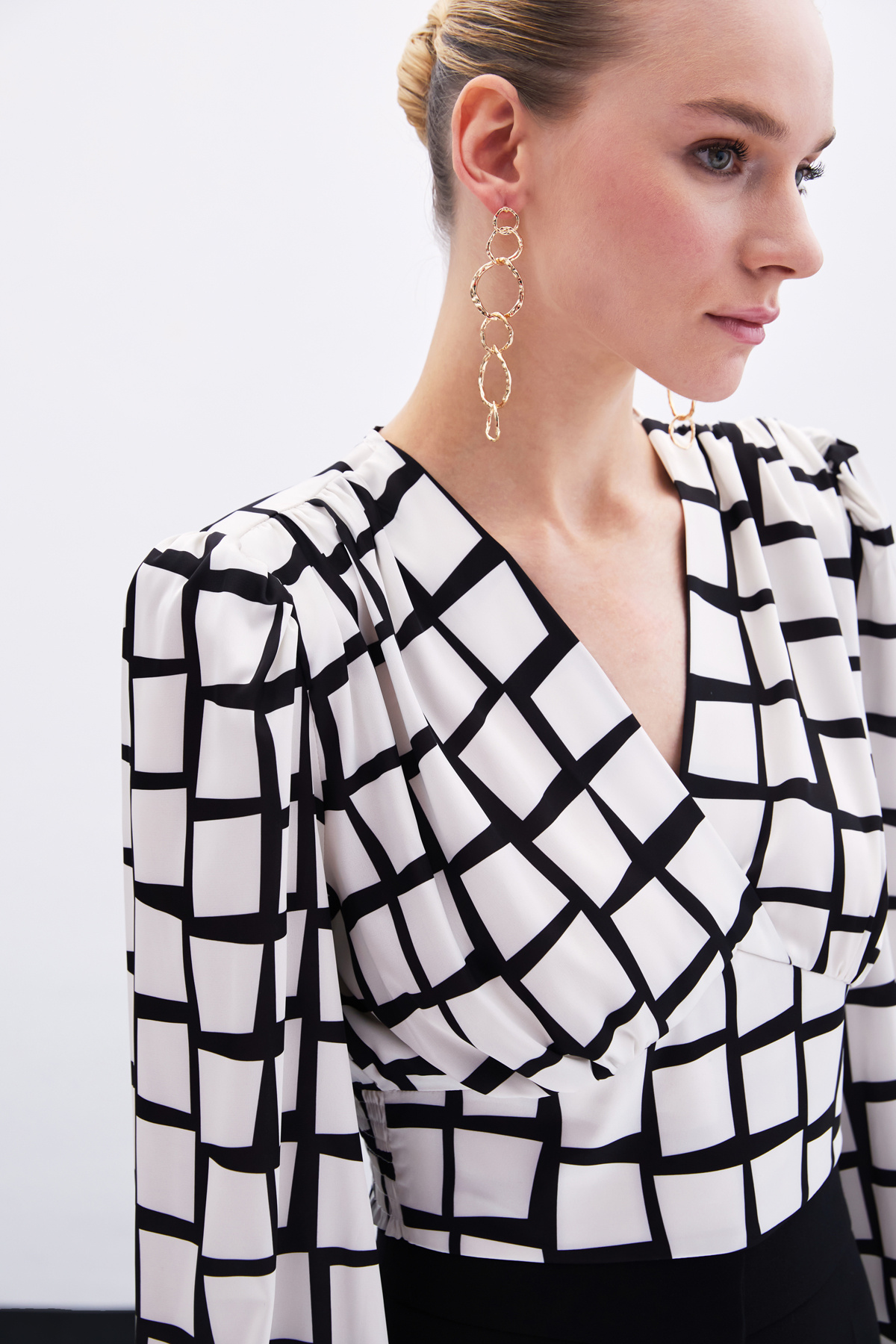 Desenli Crop Bluz - Ekru