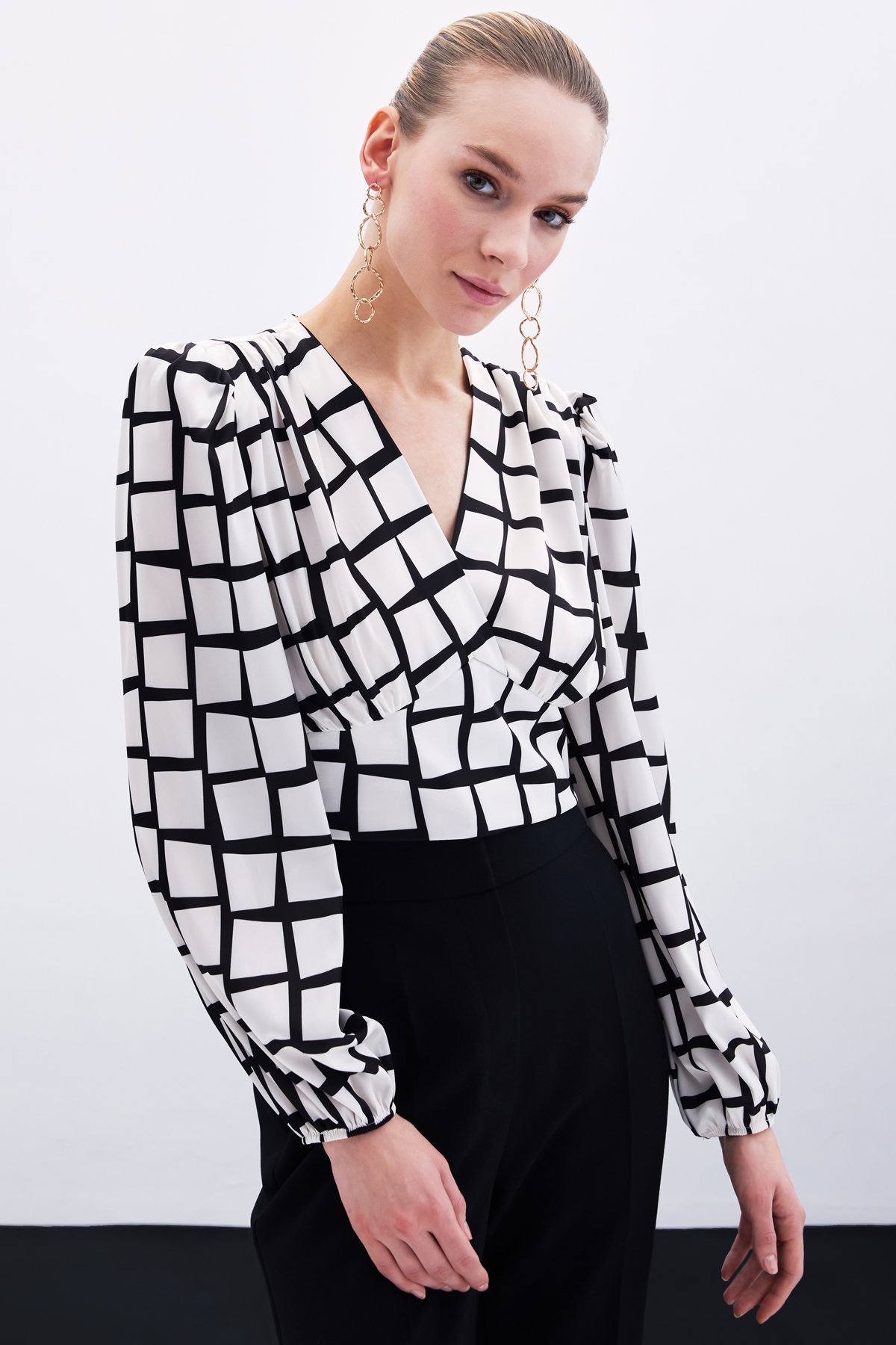 Desenli Crop Bluz - Ekru