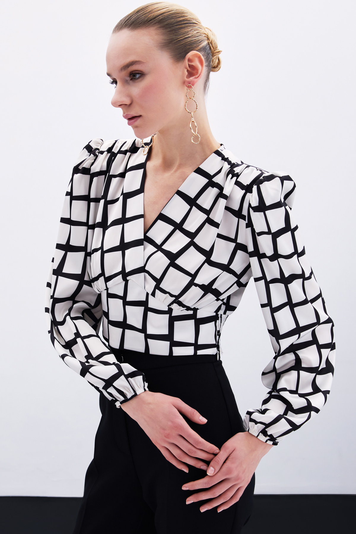 Desenli Crop Bluz - Ekru