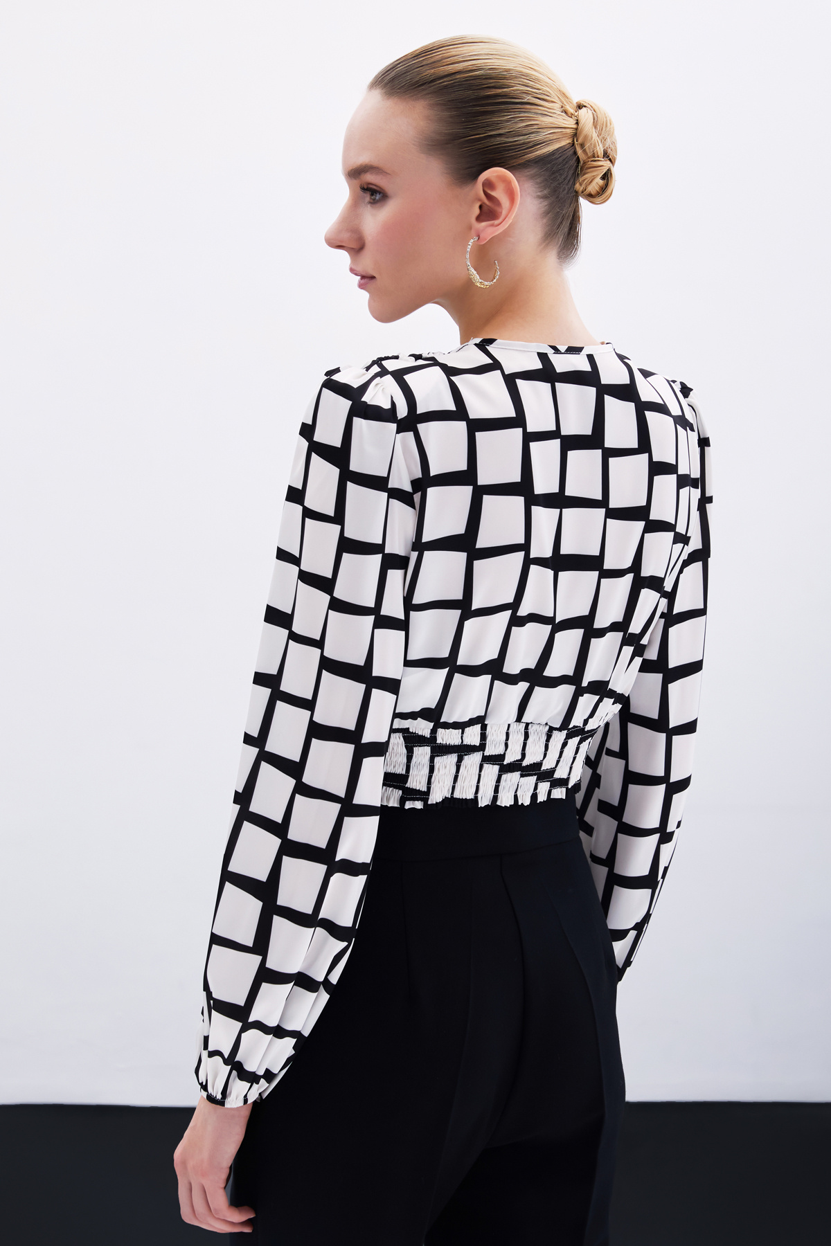 Desenli Crop Bluz - Ekru