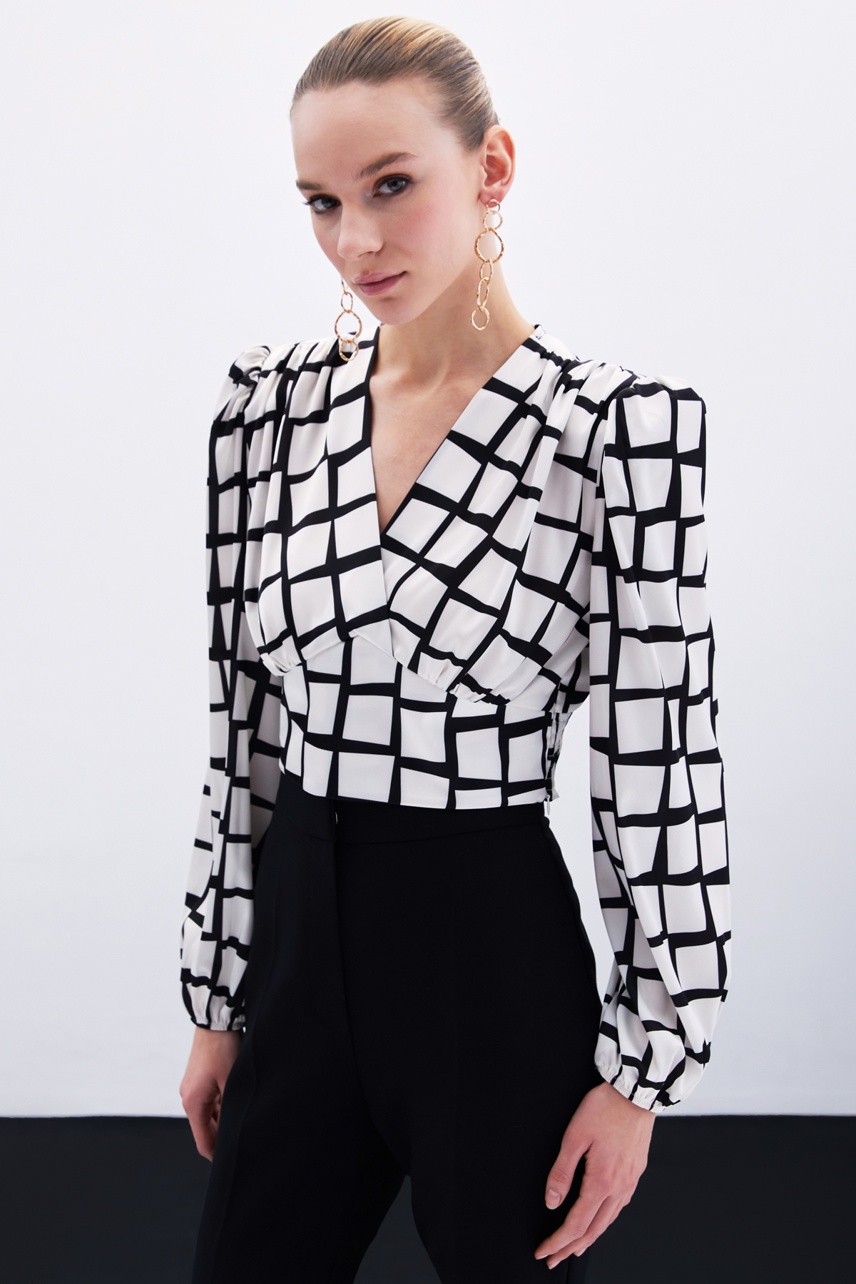 Desenli Crop Bluz - Ekru