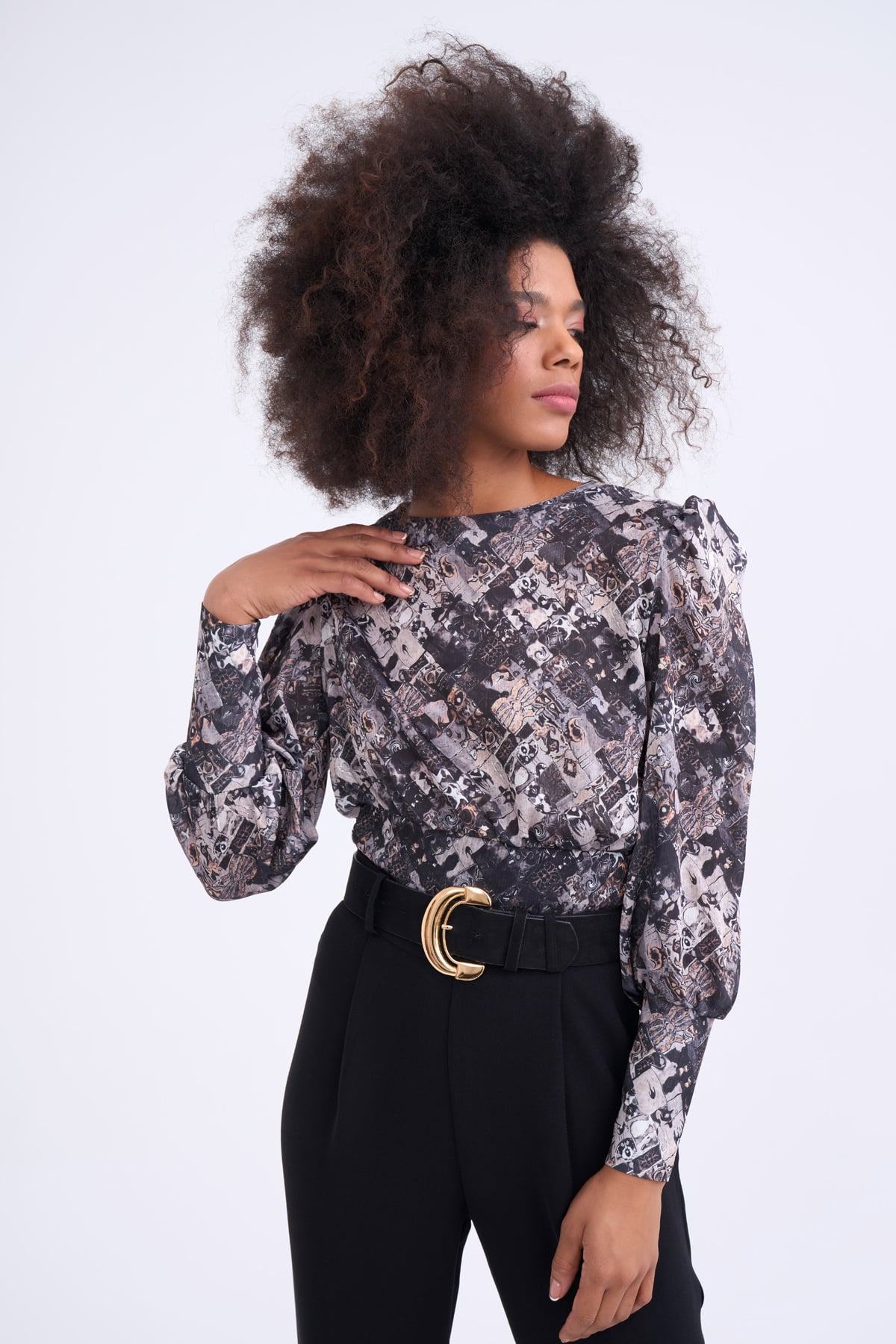 Desenli crop bluz - SİYAH