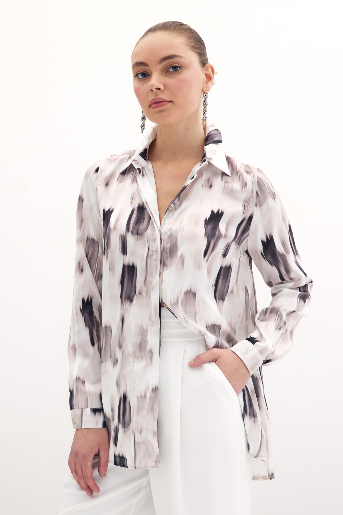 Desenli Düz Gömlek - Bej