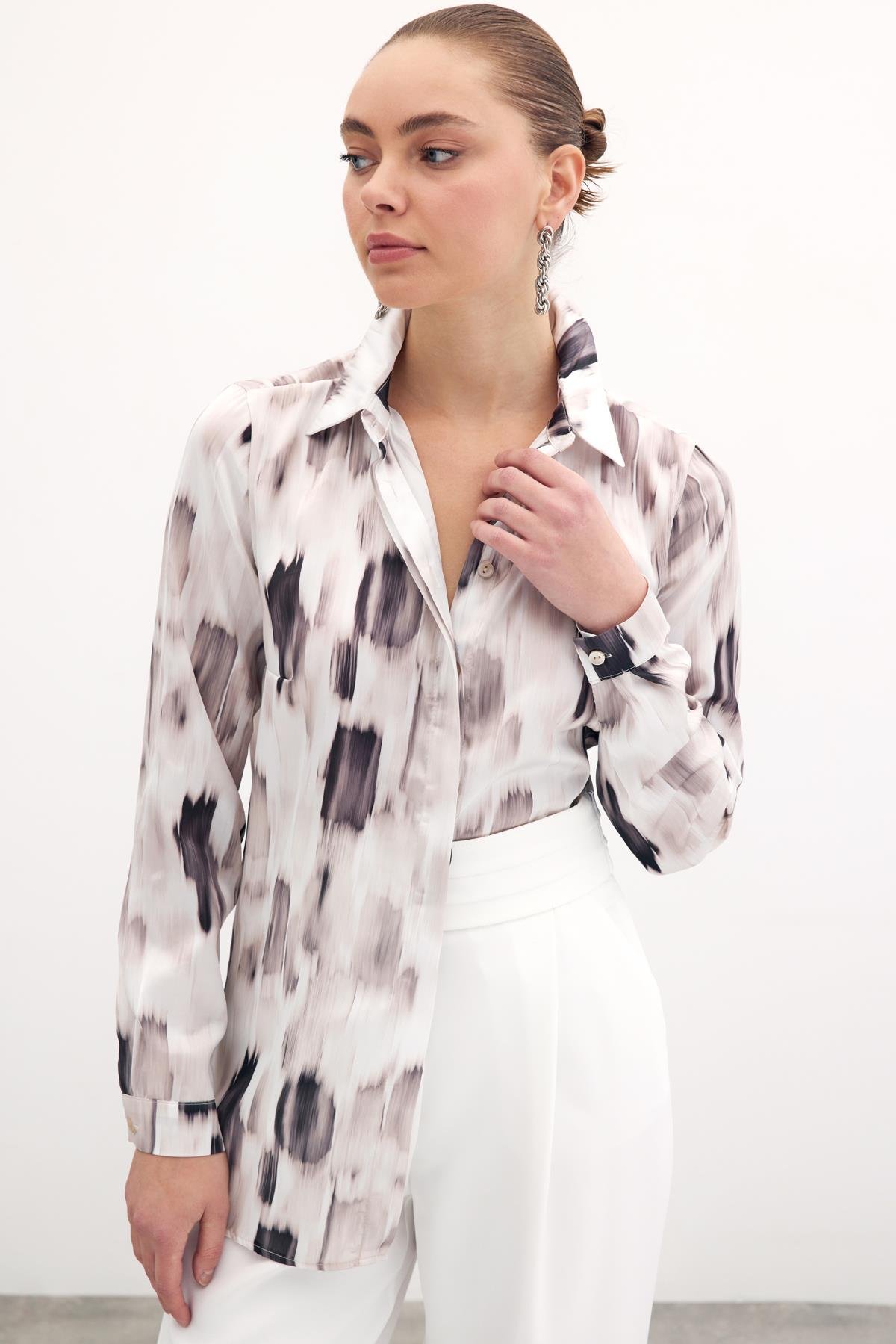 Desenli Düz Gömlek - Bej