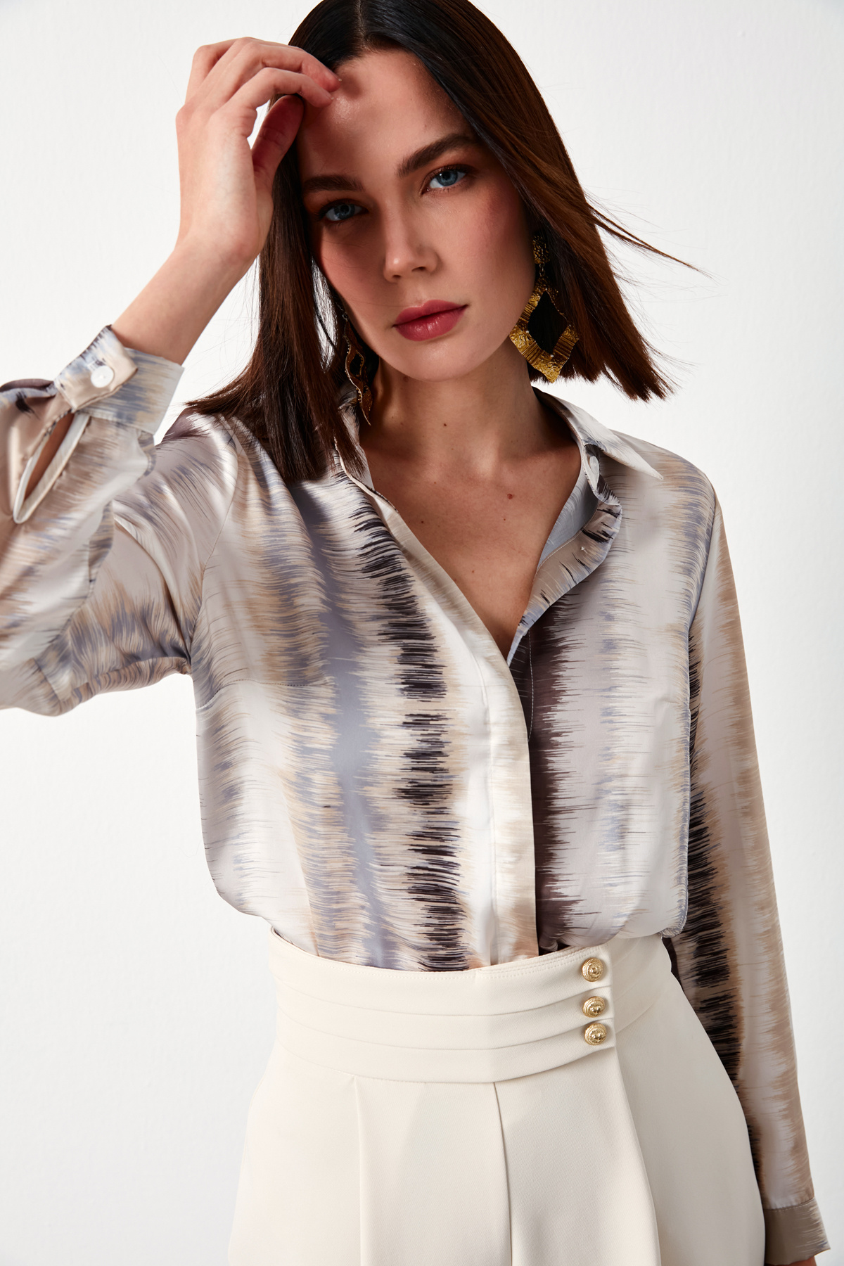 Desenli Düz Gömlek - BEJ